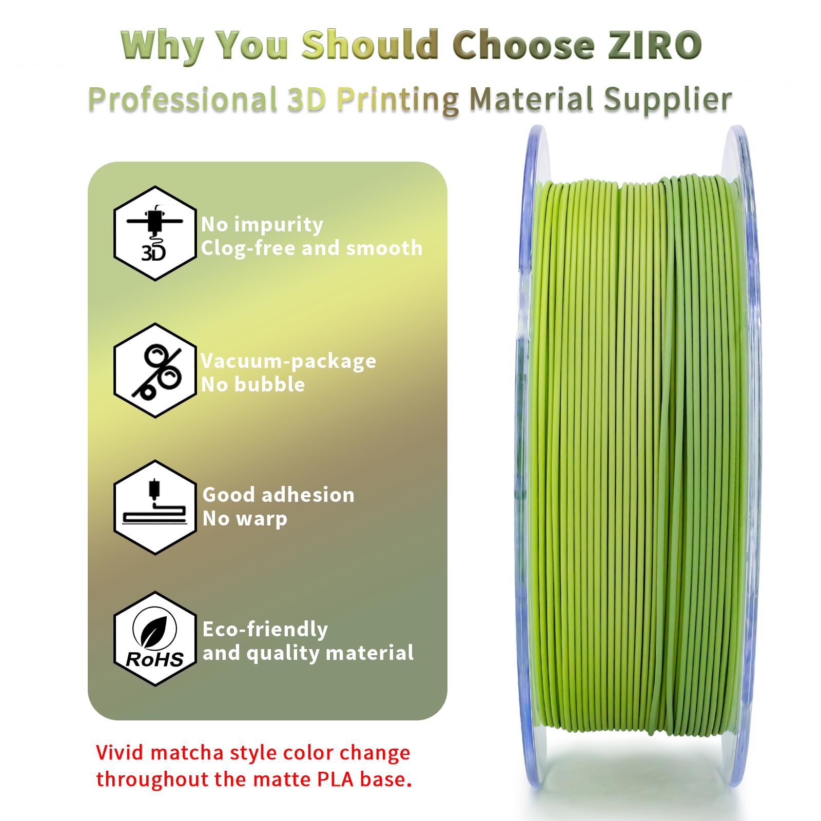 Ziro 3D Printer Filament,Matte Pla Filament 175Mm,Multicolor Rainbow Pla Filament,1Kg22Lb,Matcha