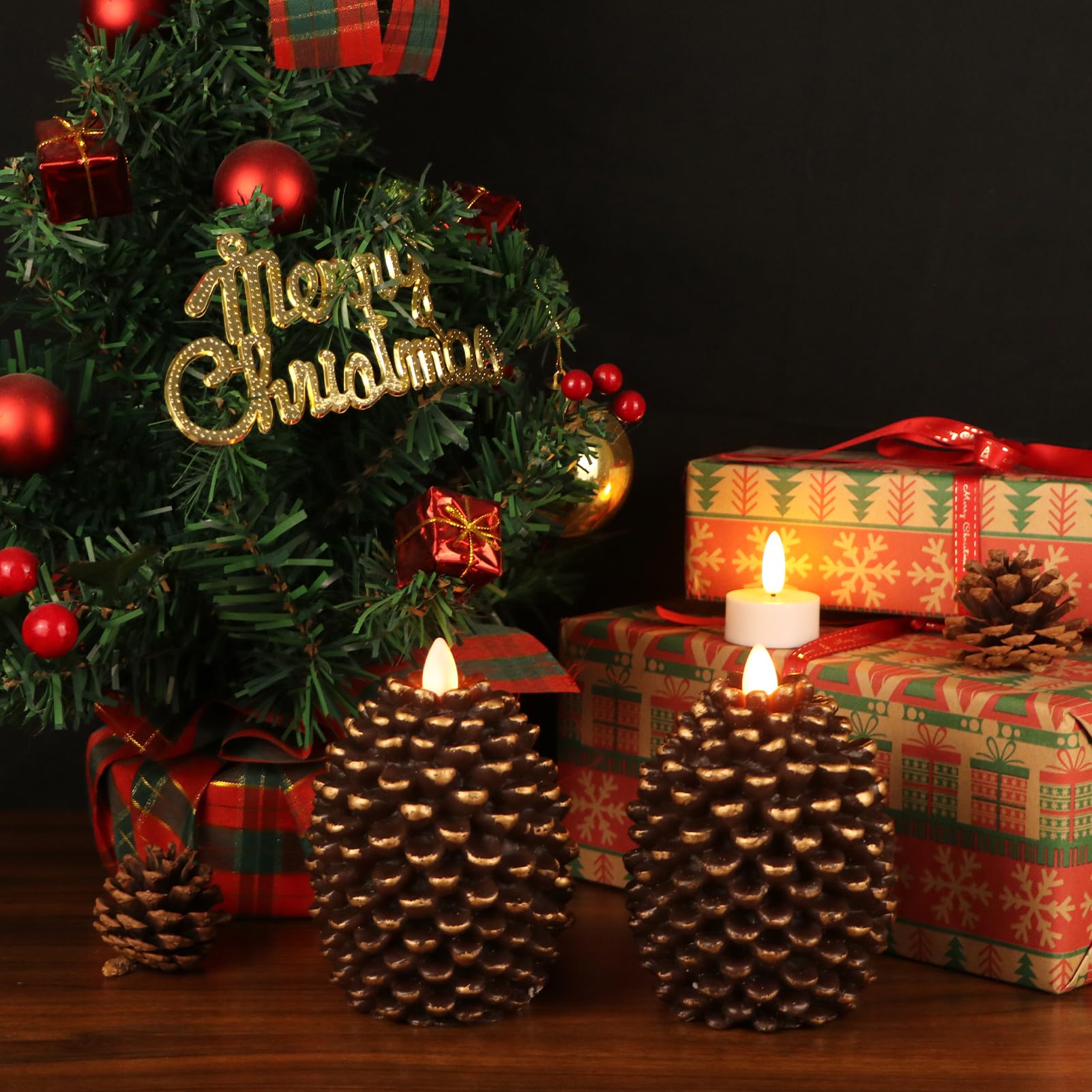 Lasumora Led Flameless Pinecone Candles With 6H Timer, Battery Operated Waxy Pillar Candles, 2 Pack Christmas Candles Flickering
