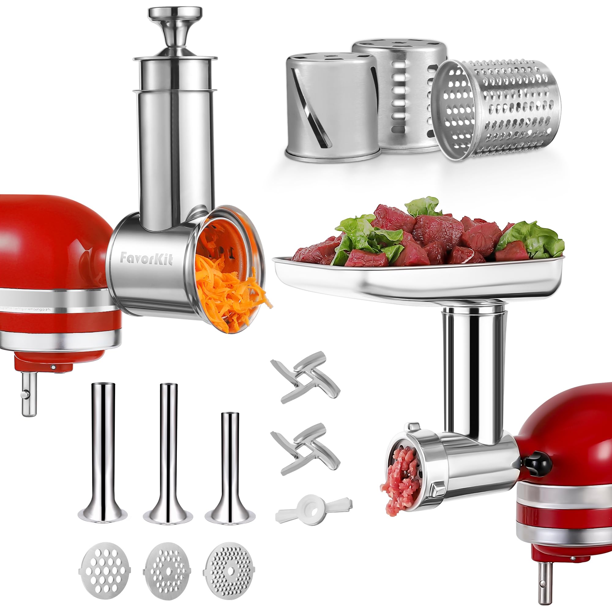 Durable Meat Grinder & Slicer Shredder Attachments Set for Kitchenaid Mixers,Dishwasher Safe Stainless Steel Packs with Cheese G