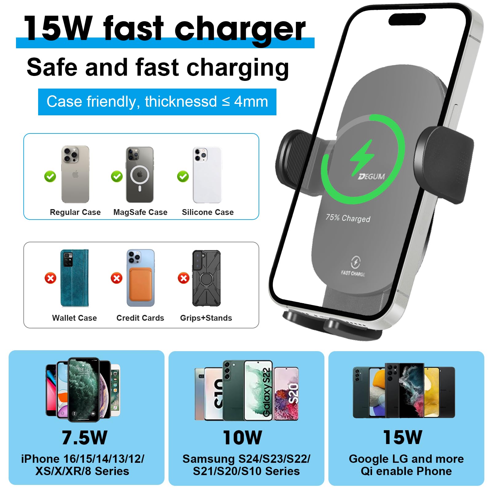 Degum Upgraded Wireless Car Charger, Cup Holder Phone Mount With 15W Fast Charging Phone Holder Adjustable Long Arm Height, Comp