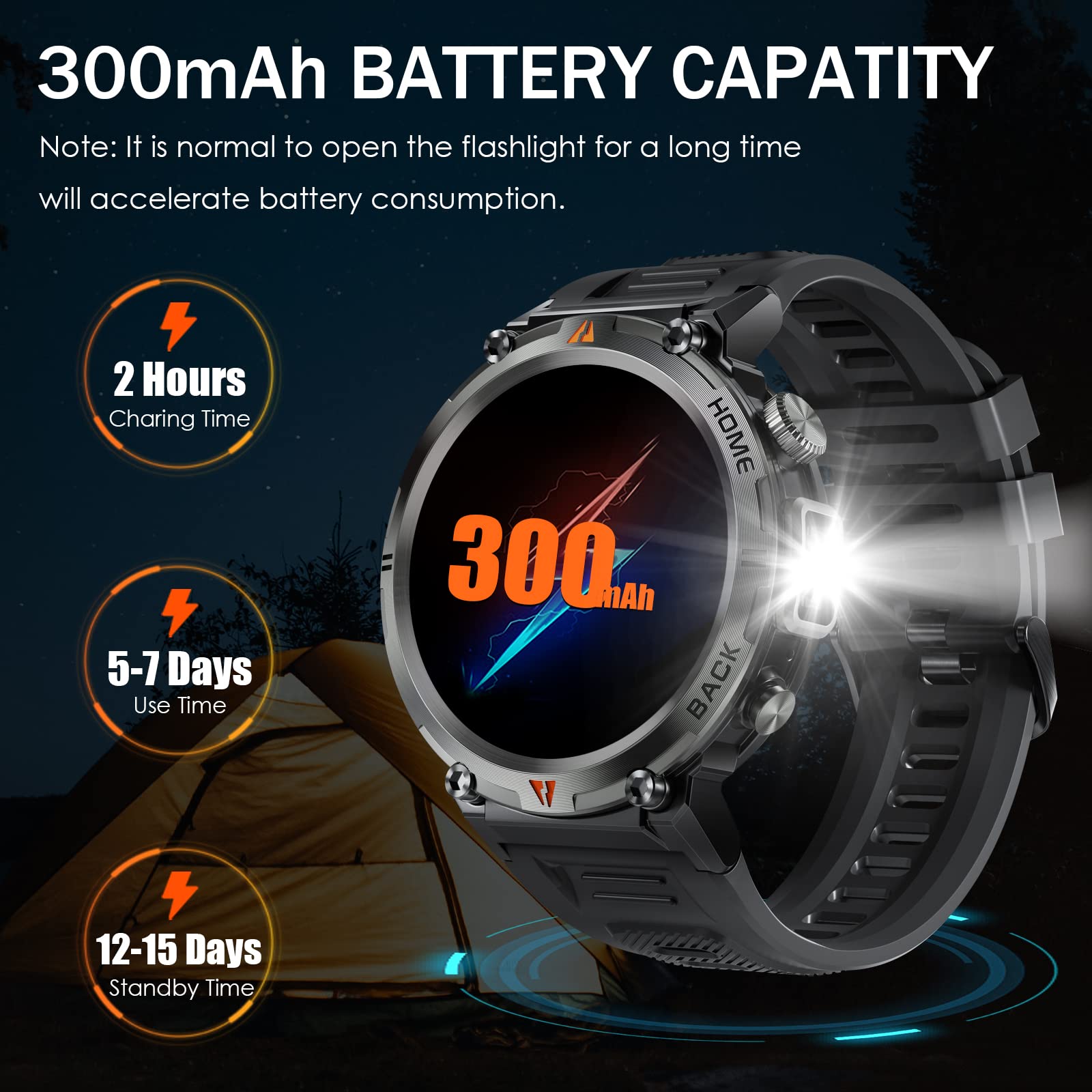 Military Smart Watch For Men With Led Flashlight 1.45    Rugged 3Atm Waterproof Smart Watch With 100+ Sports Modes Fitness Track