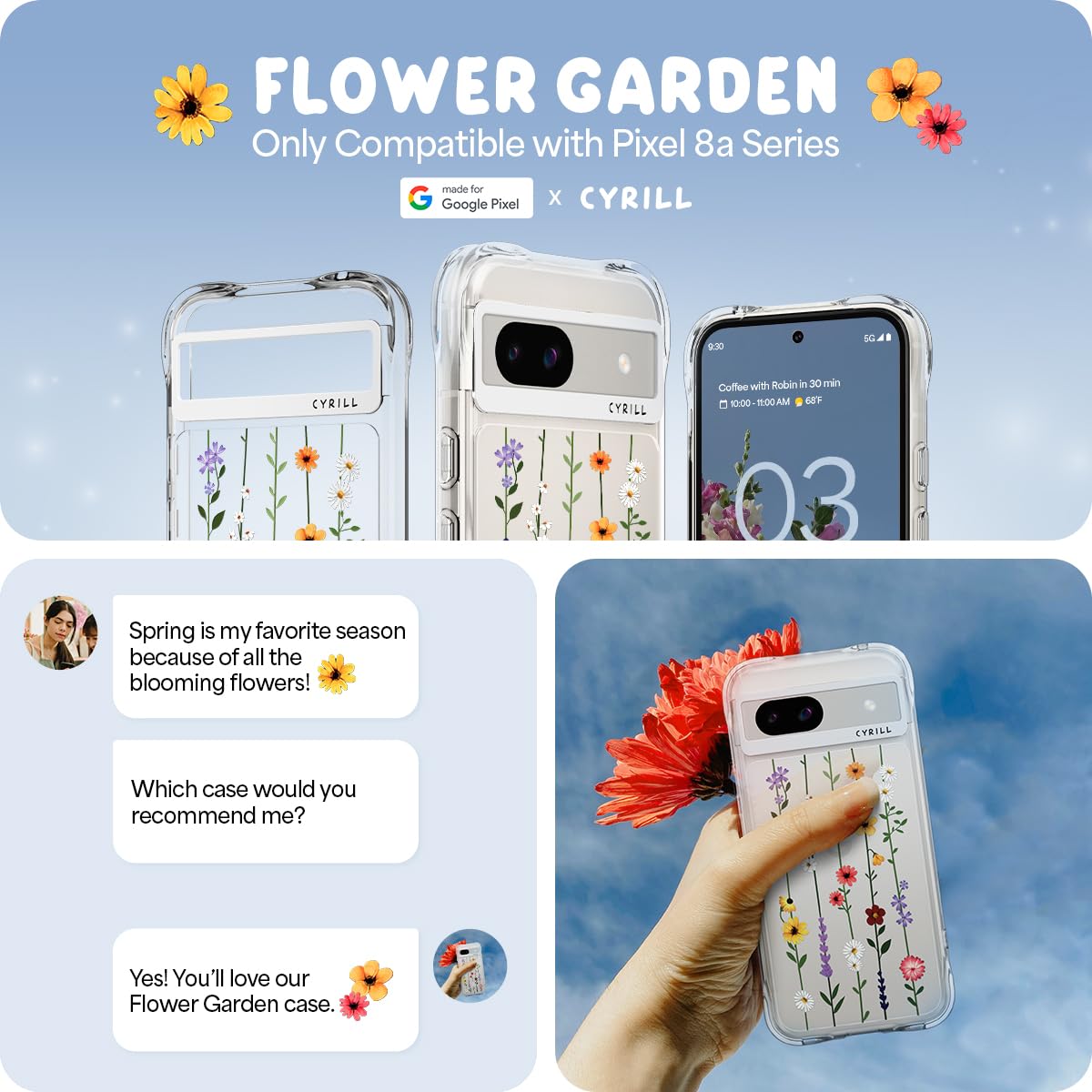 Cyrill Cecile Compatible With Google Pixel 8A Case Clear, Flower Floral Design Cute, Shock Absorbent Corner Bumpers Protective P