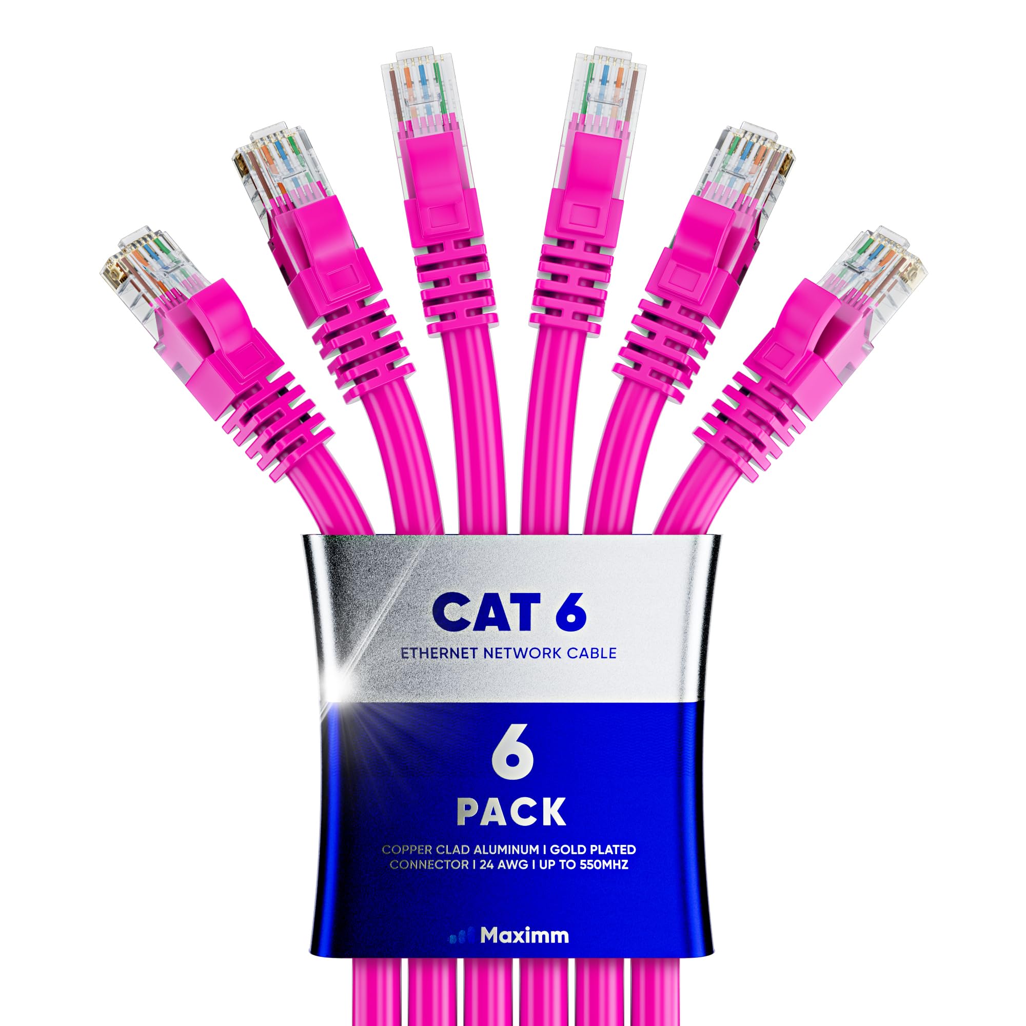Maximm Cat 6 Ethernet Cable 5 Ft (6 Pack)   High Speed Lan Cable, Internet Cable, Patch Cable, And Network Cable   Utp, 10Gbps, 550Mhz Ethernet Cord   Pink