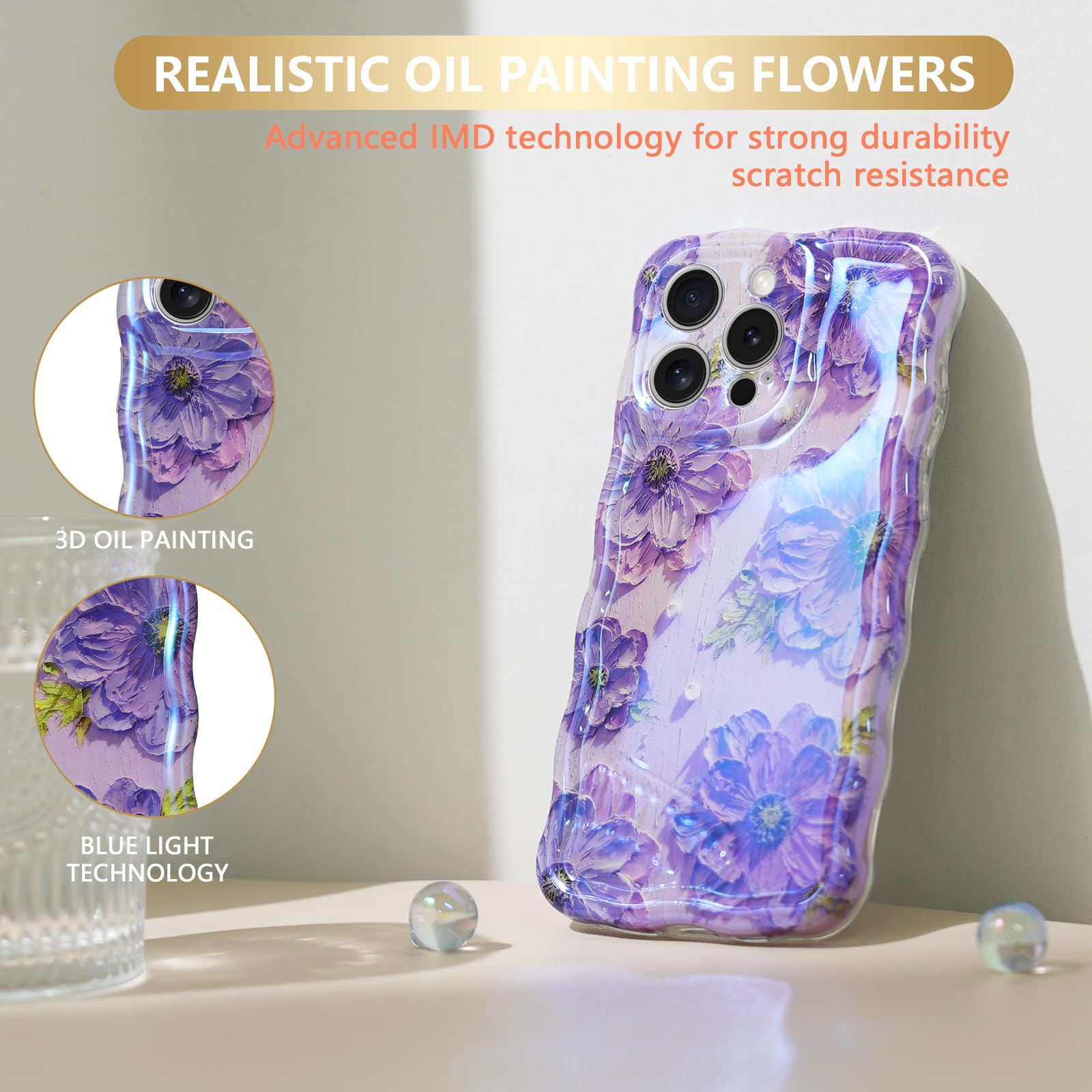 Sheheme For Iphone 13 Pro Case [With 9H Screen Protectors] Wave Bumper Colorful Oil Painting Flowers Print Blue Glossy Soft Tpu
