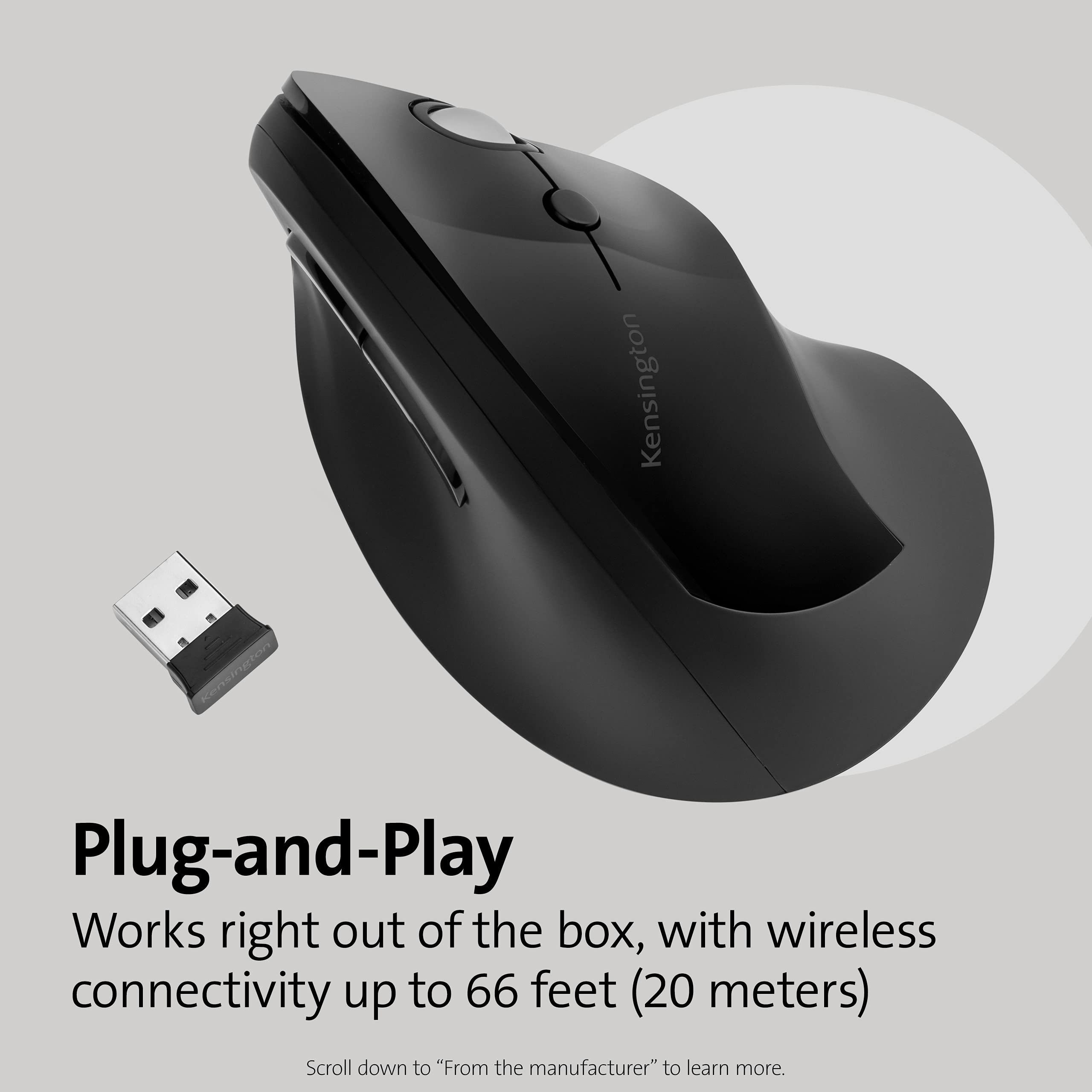 Kensington Pro Fit Ergo Vertical Wireless Mouse- Black (K75501Ww), 2.8X3X4.4