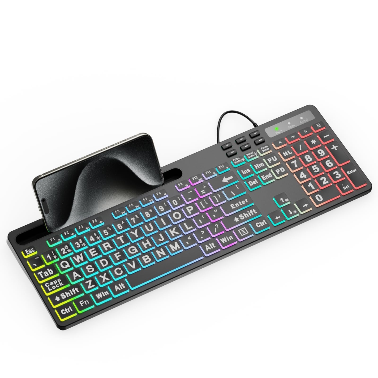 Marvo Large Print Backlit Keyboard, Wk712 Wired Computer Keyboard With 7 Colors & 11 Modes Backlight, Silent Light Up Keyboard With Tablet Phone Holder, Full Size Gaming Keyboard For Windows, Mac