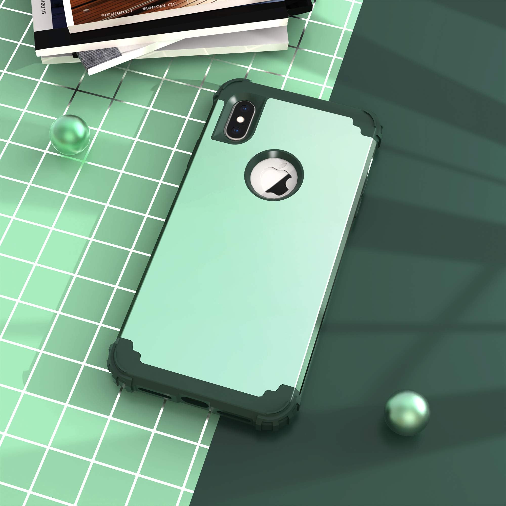 IDweel iPhone Xs Max Case 3-in-1 Shock Absorption Hard PC Soft Silicone Tempered Glass Mint Green