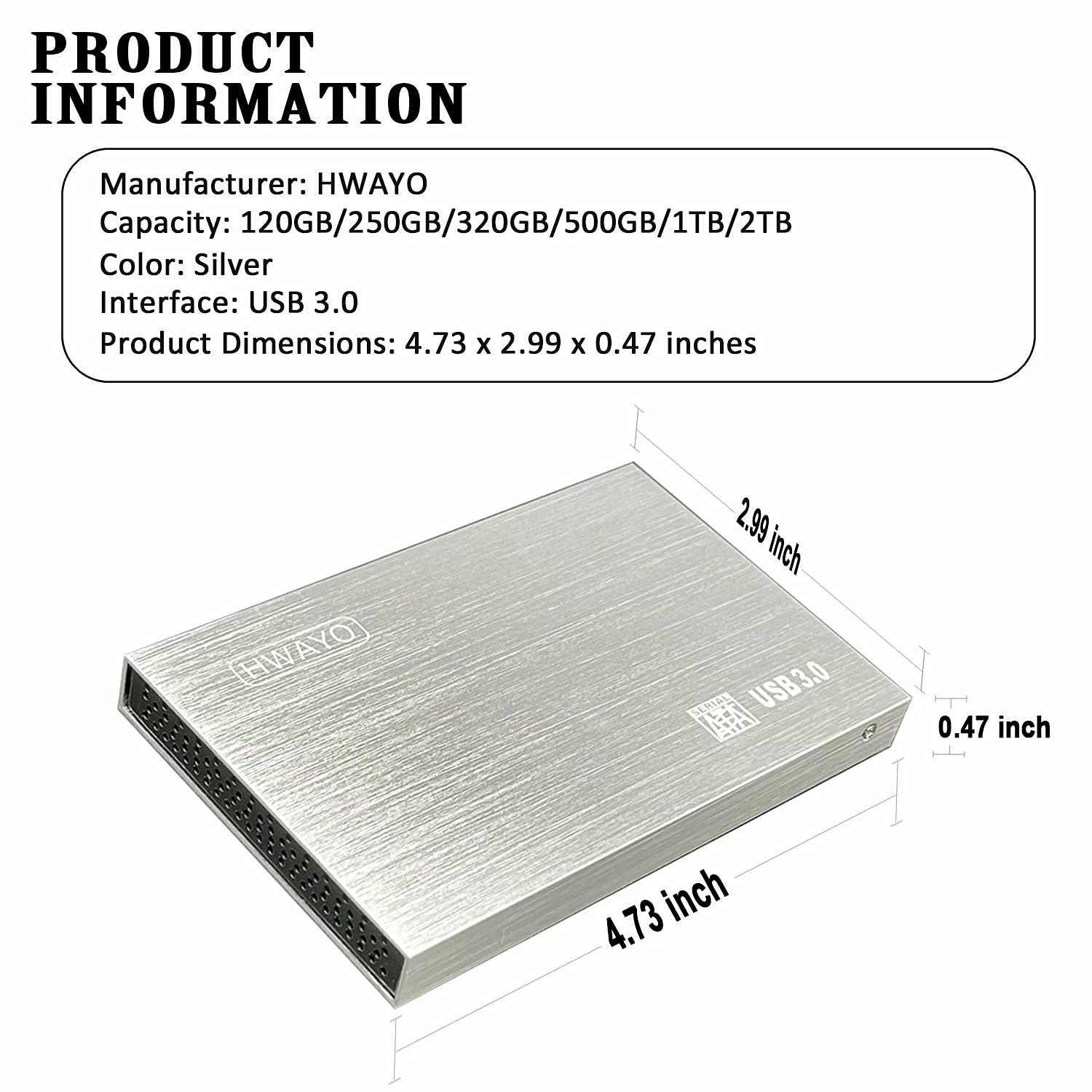 Hwayo 2.5'' Hdd 250Gb Ultra Slim Portable External Hard Drive Usb3.0 Storage For Xbox One Console, Pc, Laptop, Macbook (Silver)