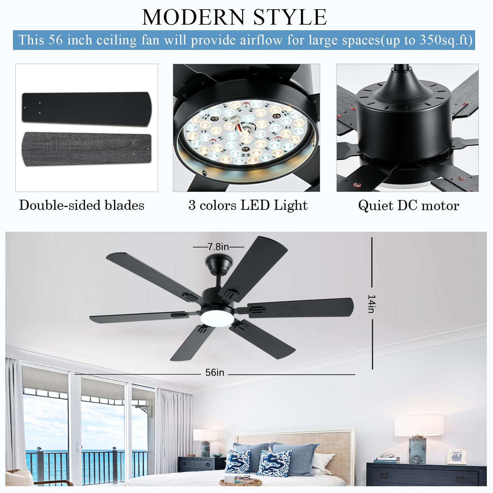 56Inch Black Ceiling Fans With Lights And Remote/App Control, Dimmable Led, Reversible Dc Motor, Noiseless, 6 Double Side Blades