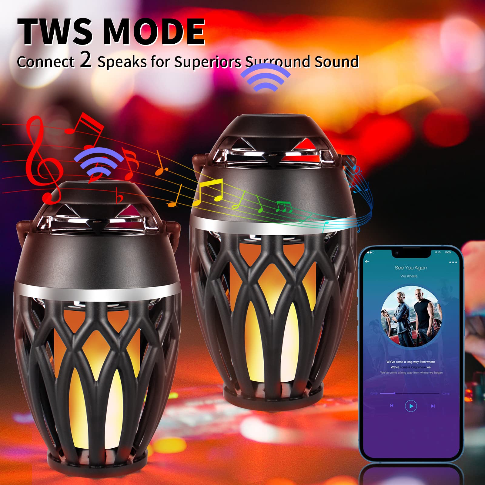 Vanten 2 Packs Outdoor Bluetooth Speakers, Bluetooth 5.0 Led Flame Speaker, Ipx5 Waterproof Flame Torch Atmosphere Speaker, Flam