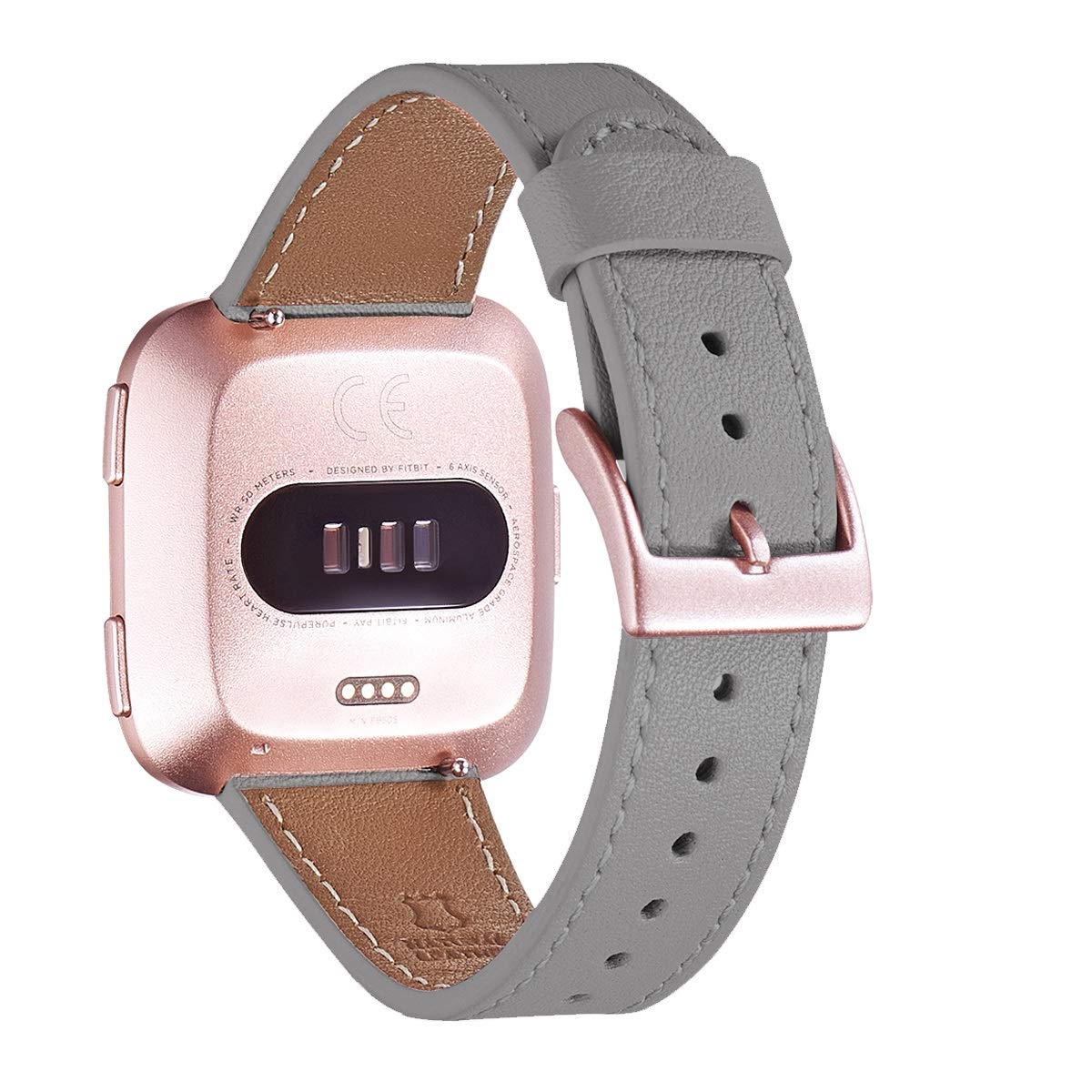 Wfeagl For Fitbit Versa Band, Top Grain Leather Band Replacement Strap For Fitbit Versa Fitness Smart Watch (Gray Band+Rrosegold
