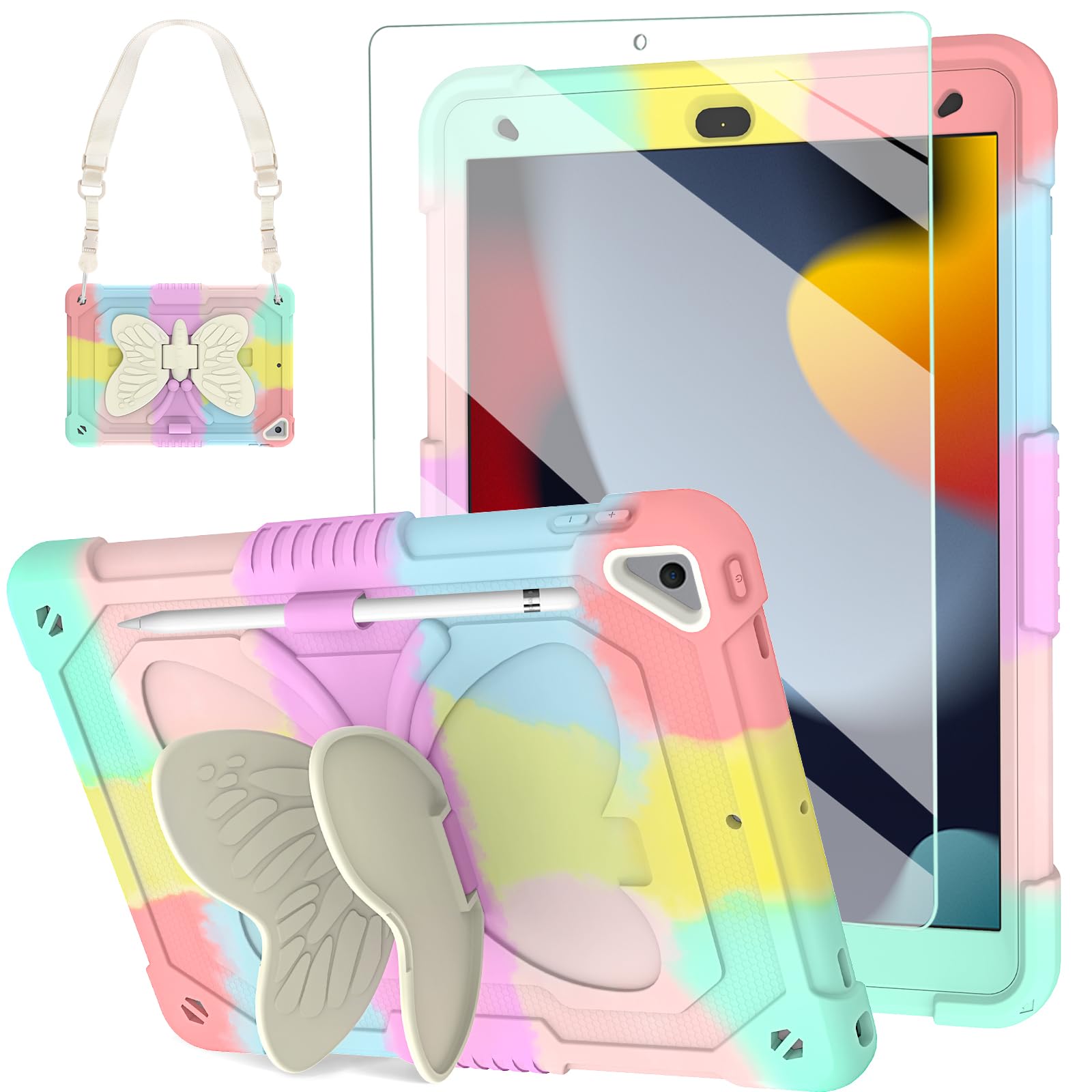 Blosomeet Pink Kids Case For Ipad 9Th/8Th/7Th Generation 2021/2020/2019 10.2 Inch With Tempered Glass Screen Protector & Butterf