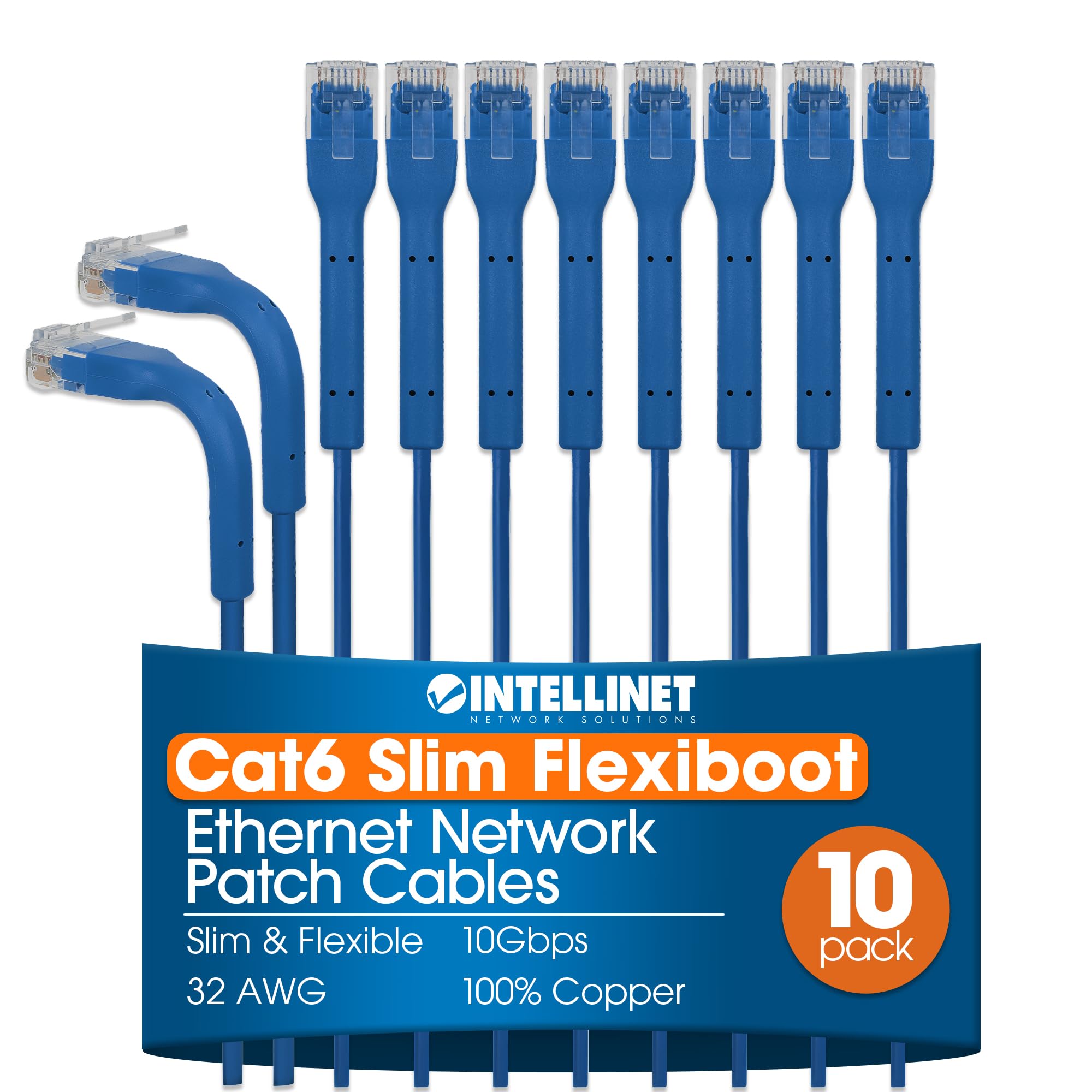 Cat6 U/Utp Flexiboot Slim Network Patch Cable, 3 Ft., Blue, 10-Pack