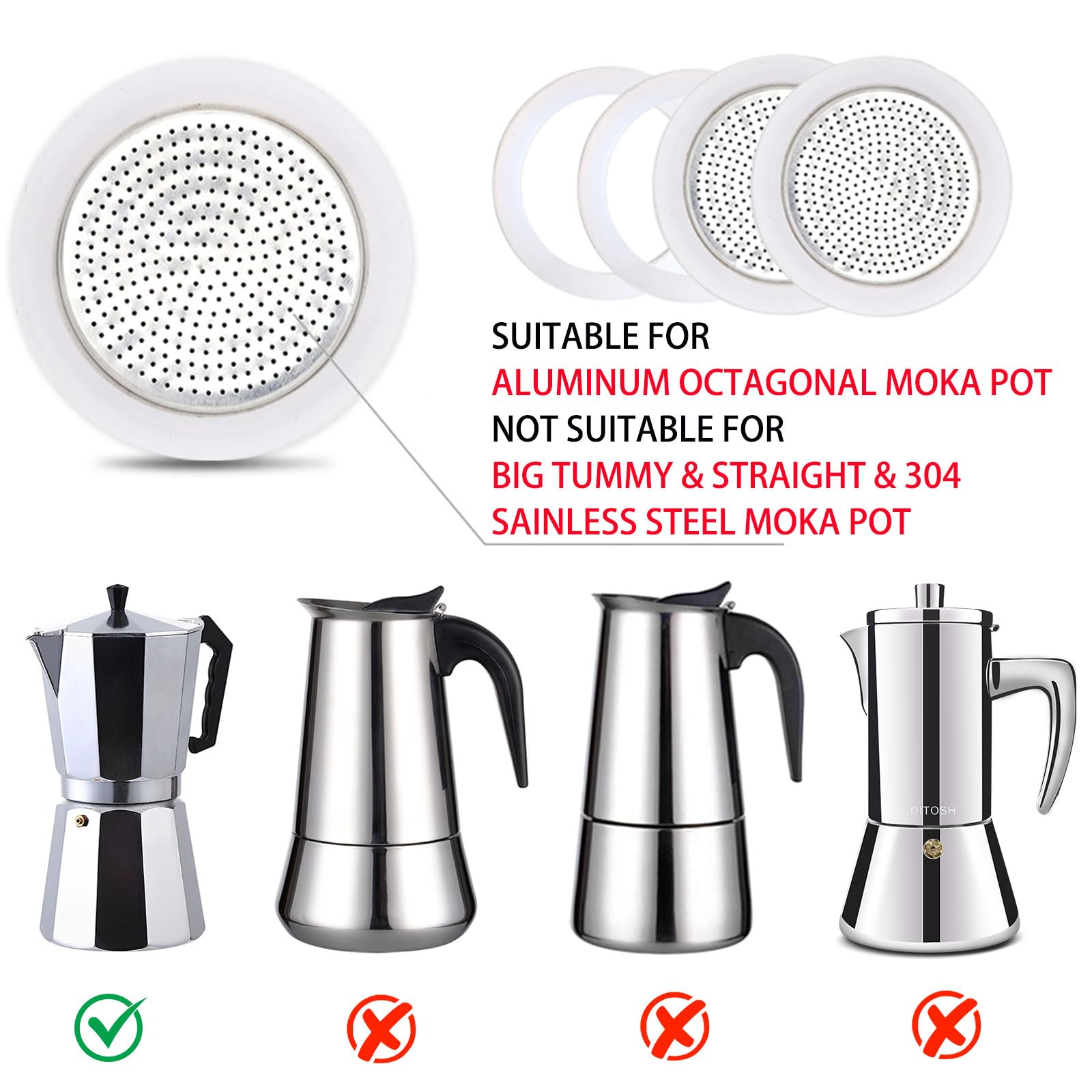 Ditosh 2 Pcs Filter With 4 Pcs Silicone Gasket Seals For 3 Cup Stovetop Espresso Coffee Maker Replacement Parts For Ditosh Alumi