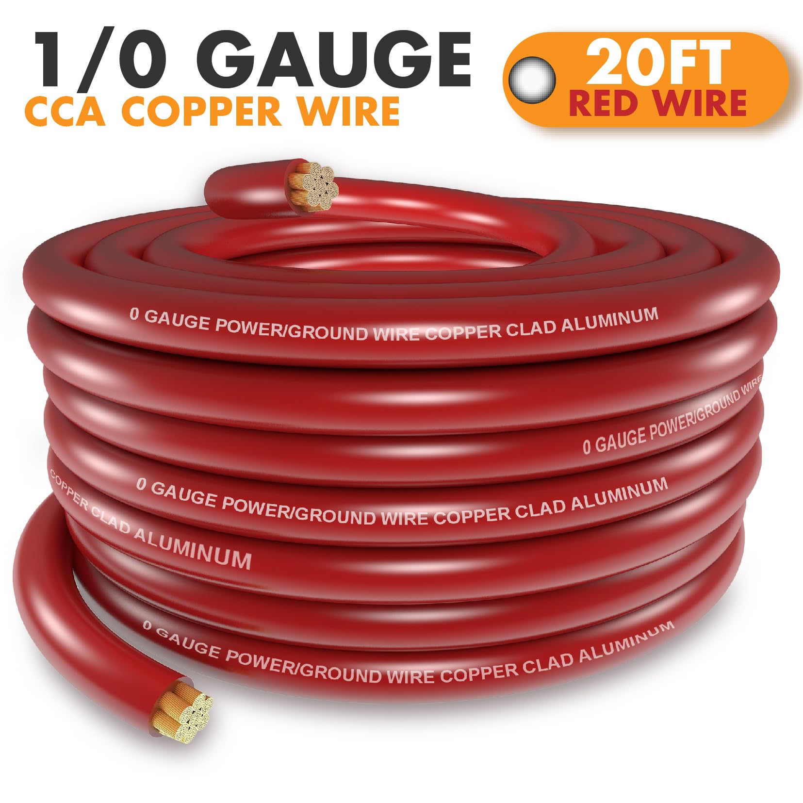 1/0 Gauge Wire (20Ft) Copper Clad Aluminum Caa Car Amplifier Power & Ground Cable,Primary Automotive Wire, Battery Cable, Car Au