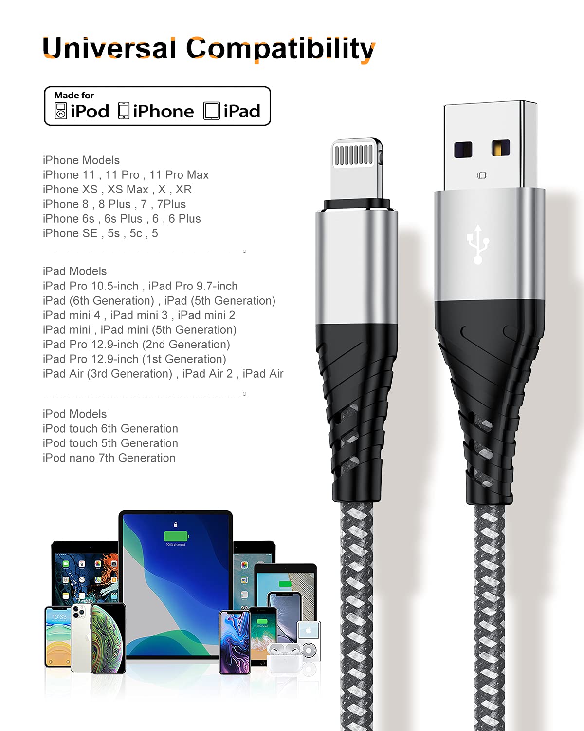 Fashia Long Iphone Charger Cord 10 Ft, [Mfi Certified] 10 Foot Usb Lightning Cable,10 Feet Fast Charger Nylon Braided Usb Iphone Cord For Iphone 13 12 11 Pro X Xs Max Xr/8 Plus/7 Plus/6/6S Plus Sliver