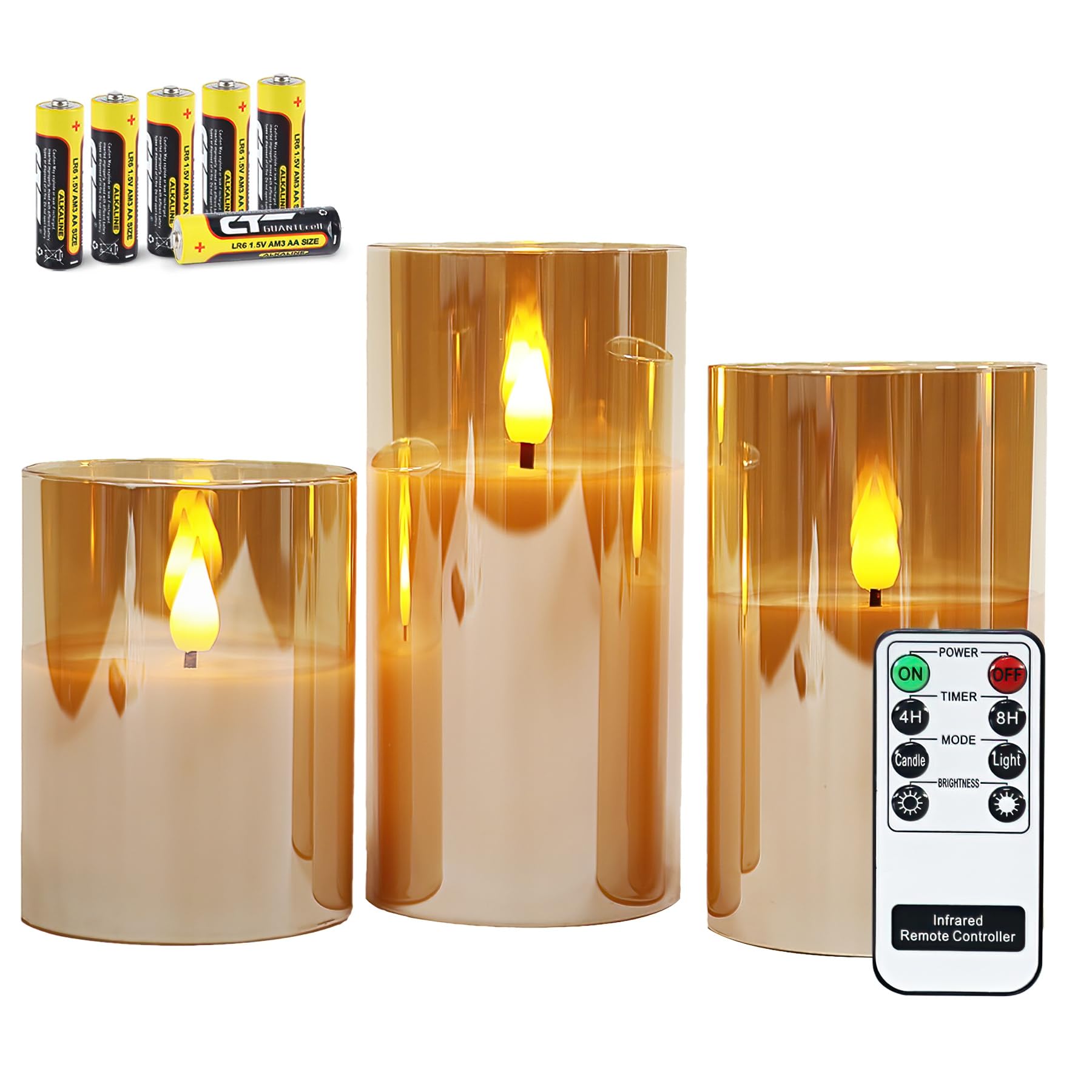 Rhytsing Gold Glass Battery Operated Candles With Remote, Flameless Led Candle Gift Set, Warm White Light   Include 6 Batteries