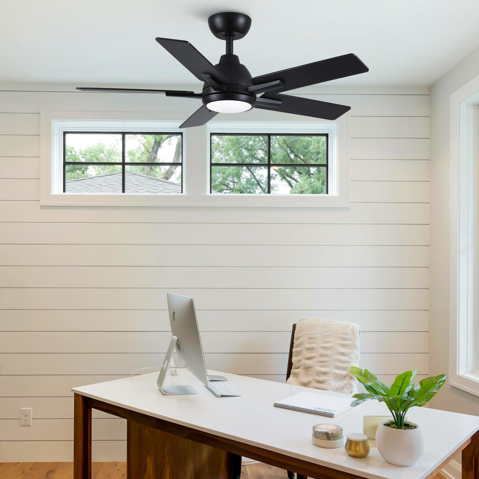 42 Inch Ceiling Fans With Lights And Remote,Black Ceiling Fan With 5 Dual Sided Blades,Downrod,Quiet 6 Speed Reversible Dc Motor