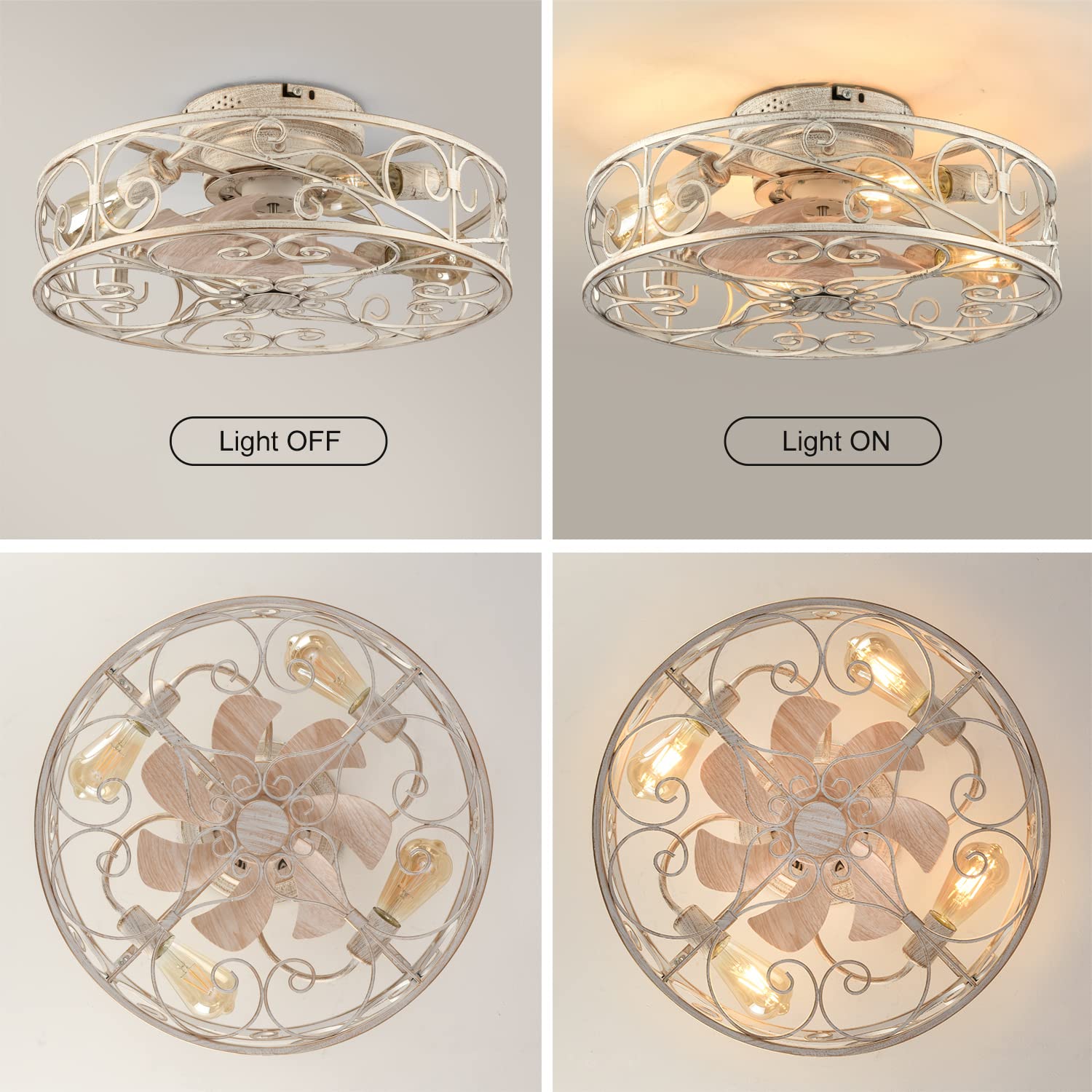 Xudom 20'' Caged Ceiling Fans With Lights And Remote, Bladeless Ceiling Fan 6 Speed Reversible With 4 Bulbs And Remote Control,F