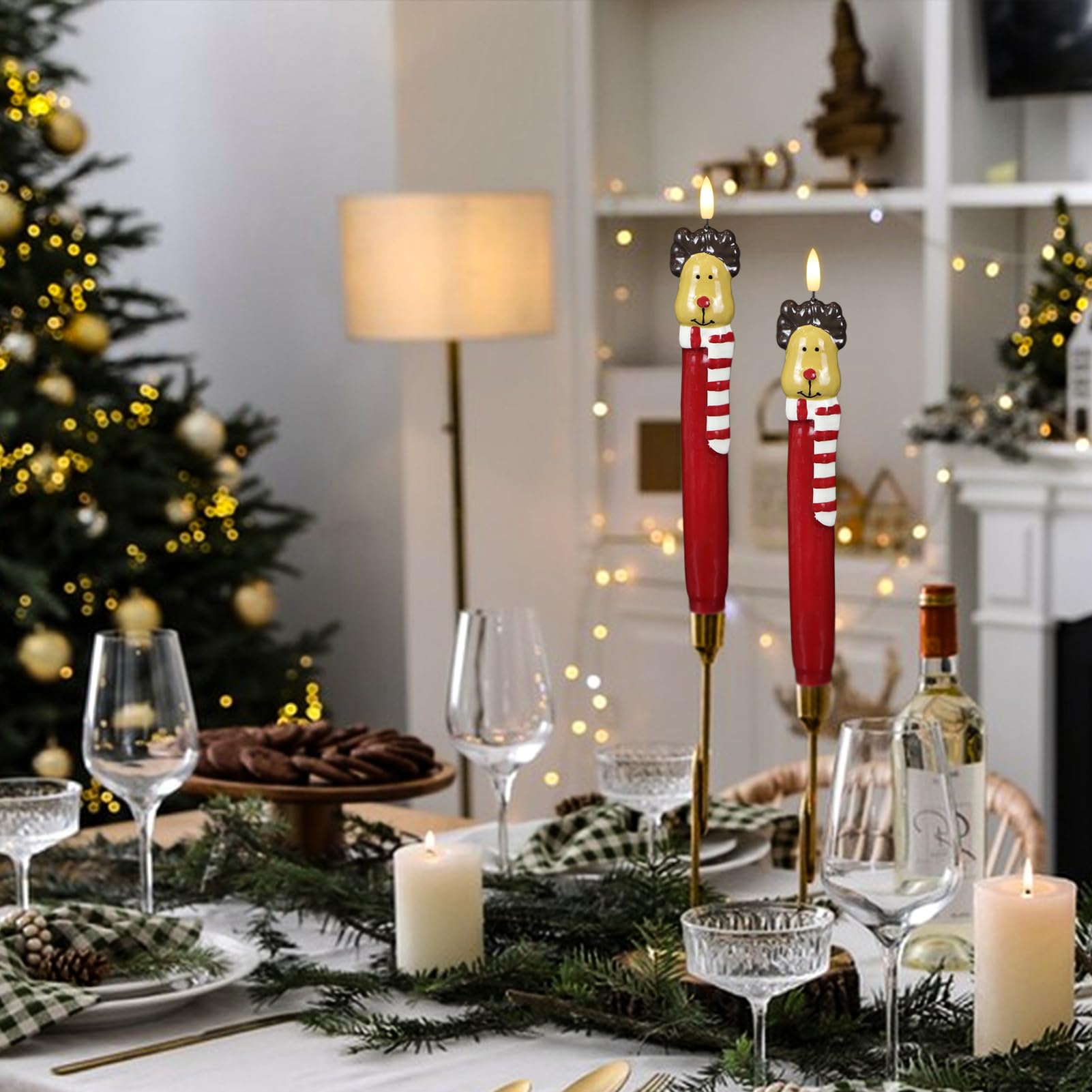 Kunswenn Christmas Flameless Taper Candles, Christmas Deer Led Taper Candles With Timer, 2 Pcs Christmas Deer Led Flameless Cand