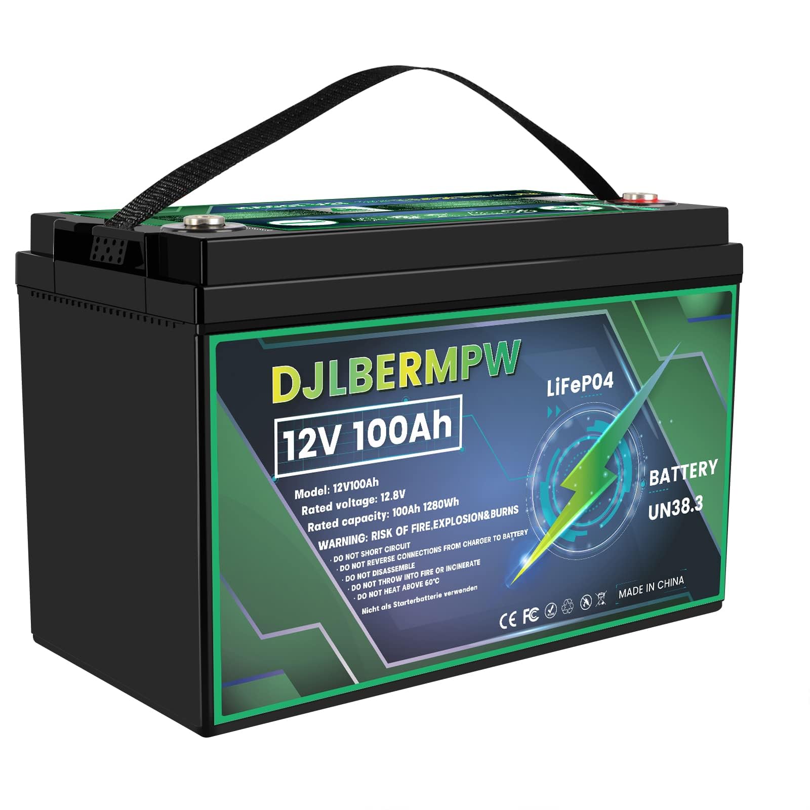 DJLBERMPW 12.8V 100Ah LiFePO4 Battery Built-in 100A BMS Lithium Battery 12V 1280Wh Lithium Batteries 10-Year Lifetime, Perfect f