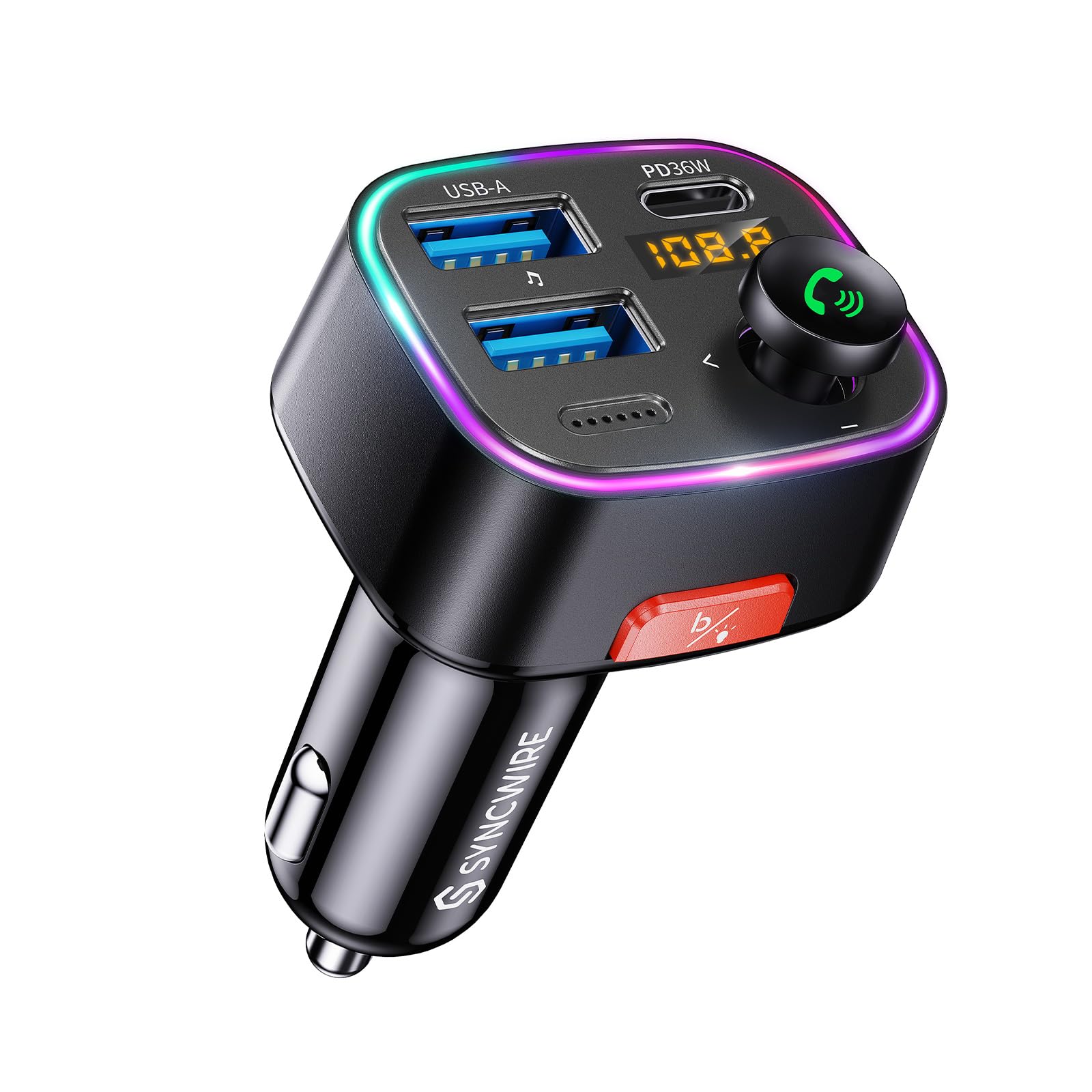Syncwire Bluetooth 5.3 Fm Transmitter Car Adapter 48W (Pd 36W & 12W) [Light Switch] [Hifi Bass Sound] [Fast Charging] Wireless R