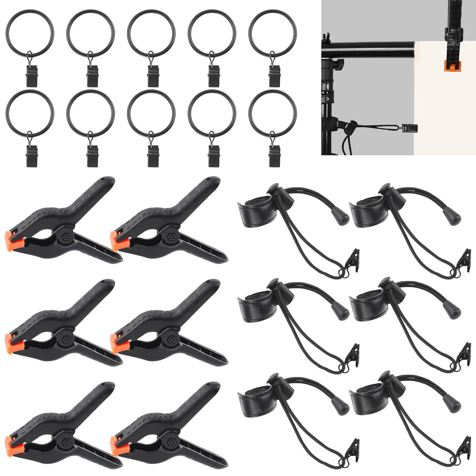 Rustark 22Pcs Backdrop Clips Clamps Elastic Photo Clips Holder Clips Assortment Kit With Curtain Clips Backdrop Rings Large Back