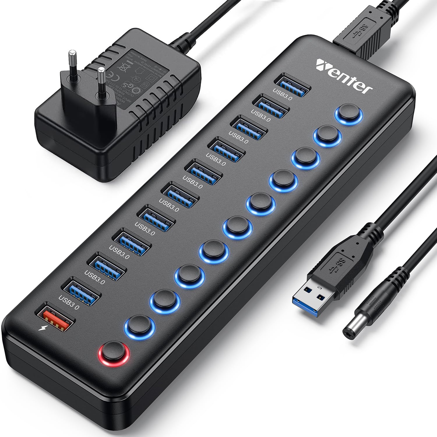 Powered Usb Hub, Wenter 11 Port Usb Splitter Hub (10 Faster Data Transfer Ports+ 1 Smart Charging Port) With Individual Led On/Off Switches, Usb Hub 3.0 Powered With Power Adapter For Mac, Pc