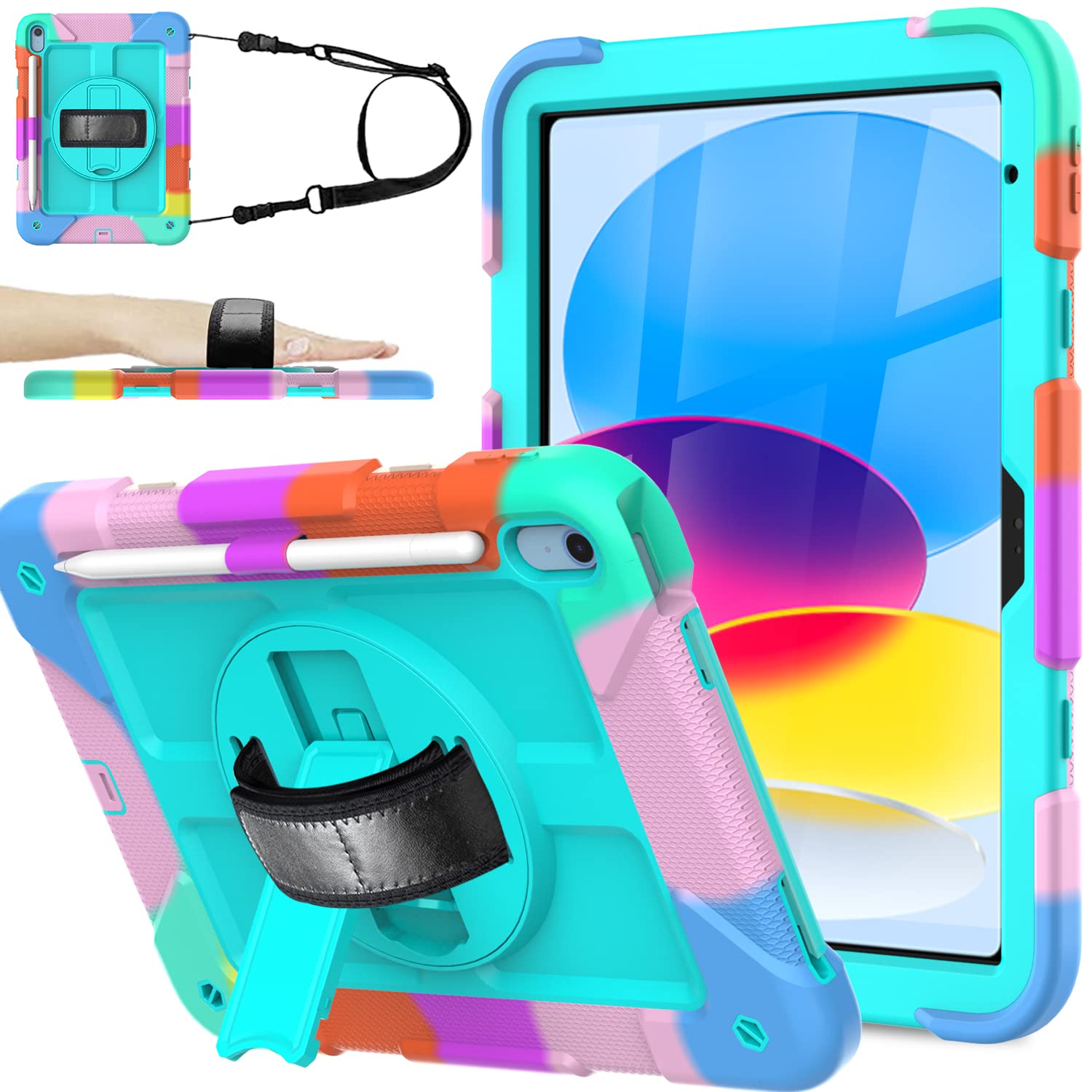 Bmouo Ipad 10Th Generation Case   Ipad 10.9 2022 Case With Screen Protector, 360 Rotating Stand & Pencil Holder & Hand & Shoulde