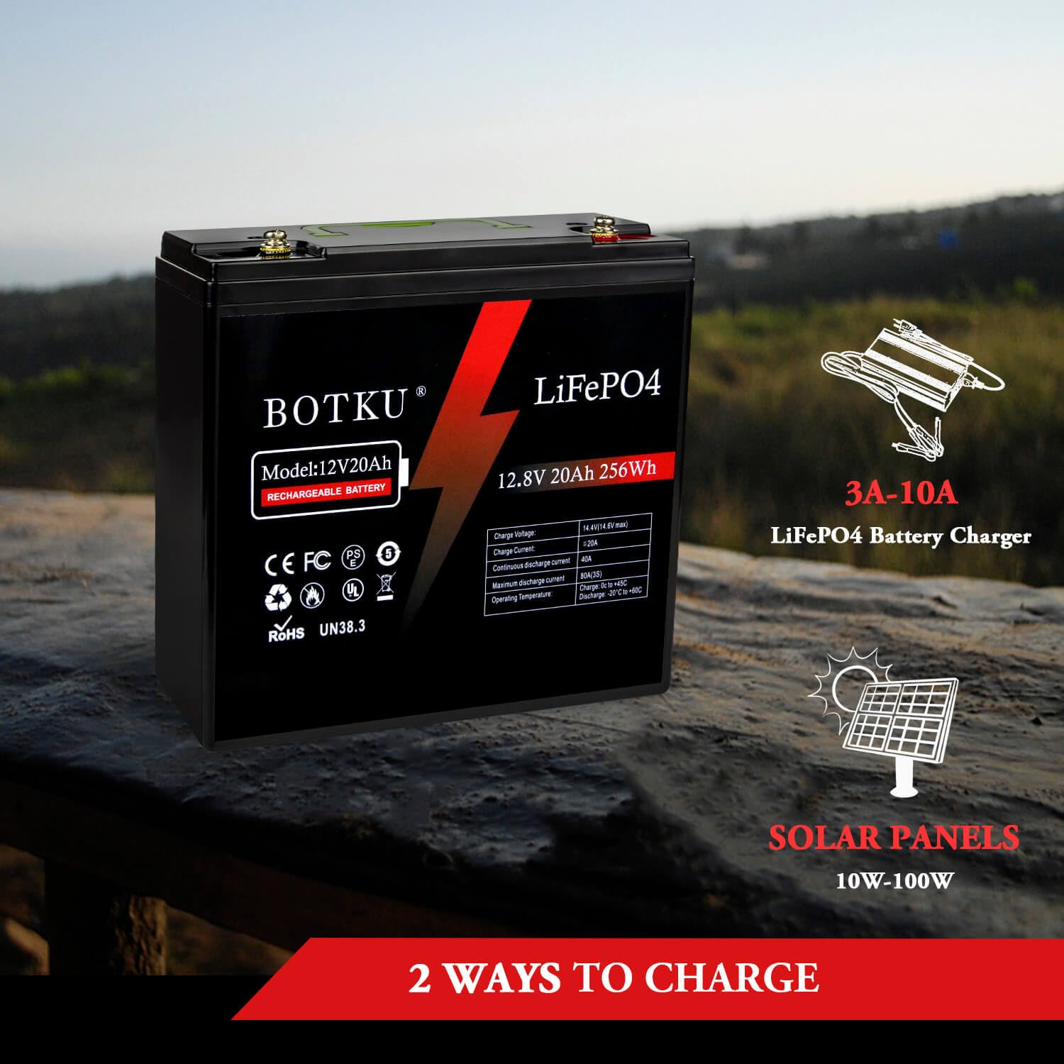 Botku 12V 20Ah Lithium Lifepo4 Deep Cycle Battery, 3000+ Cycle Rechargeable Lithium Iron Phosphate Battery For Solar, Fish Finde