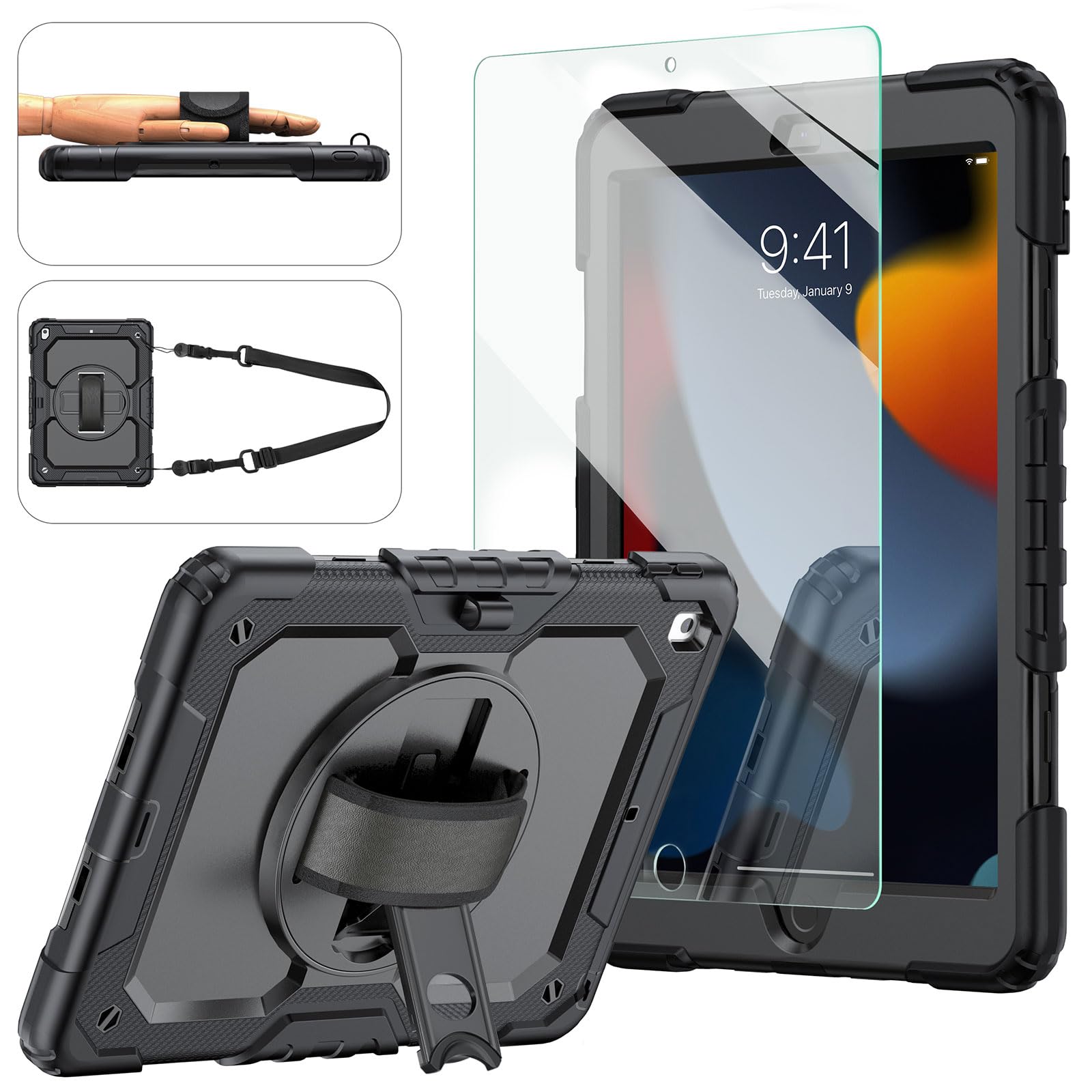 Ipad 9Th/8Th/7Th Generation Case, Ipad 10.2 Case 2021/2020/2019, [Kid Proof] Ambison Full Body Protective Case With 9H Tempered Glass Screen Protector, 360� Rotatable Kickstand & Hand Strap (Black)