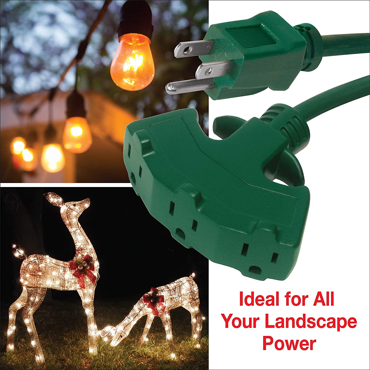 Clear Power 8 Ft 3 Outlet Lawn & Garden Outdoor Extension Cord 16/3 Sjtw, Green, Water & Weather Resistant, Flame Retardant, 3 Prong Grounded Plug, Dcoc 0210 Dc