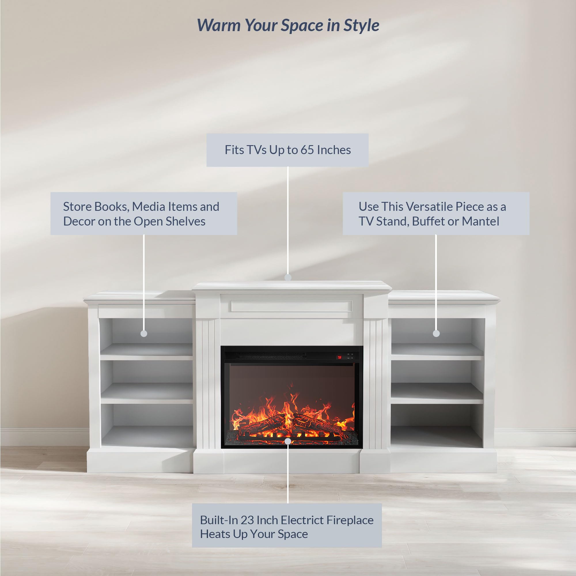 Belleze Modern 66 Electric Fireplace Heater Mantel Tv Stand & Media Entertainment Center For Tvs Up To 66 With Energy-Efficient