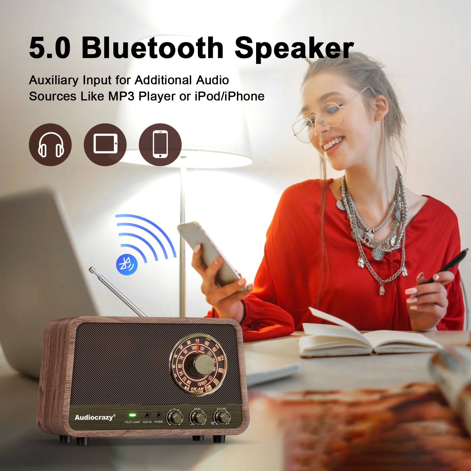 Audiocrazy Vintage Wooden AM FM Bluetooth Radio - 10W Sound, Bass Control, Espresso Finish, Model Audiocrazy-001