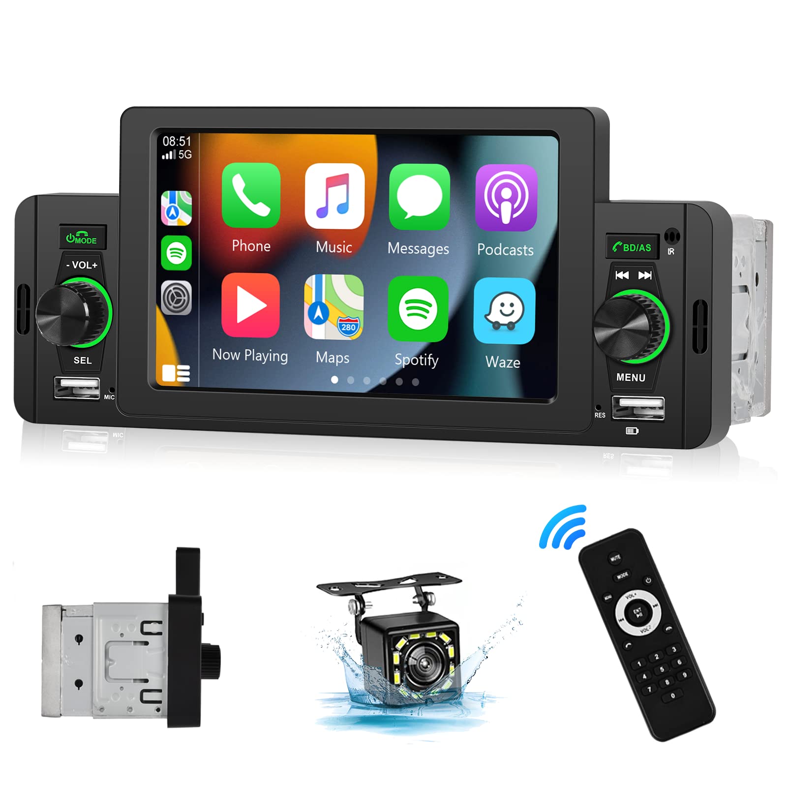 Carplay Single Din Radio 5 Inch Touch Screen Car Stereo With Car Play Android Auto, Bluetooth 5.1, Hd Backup Camera, Mirror Link