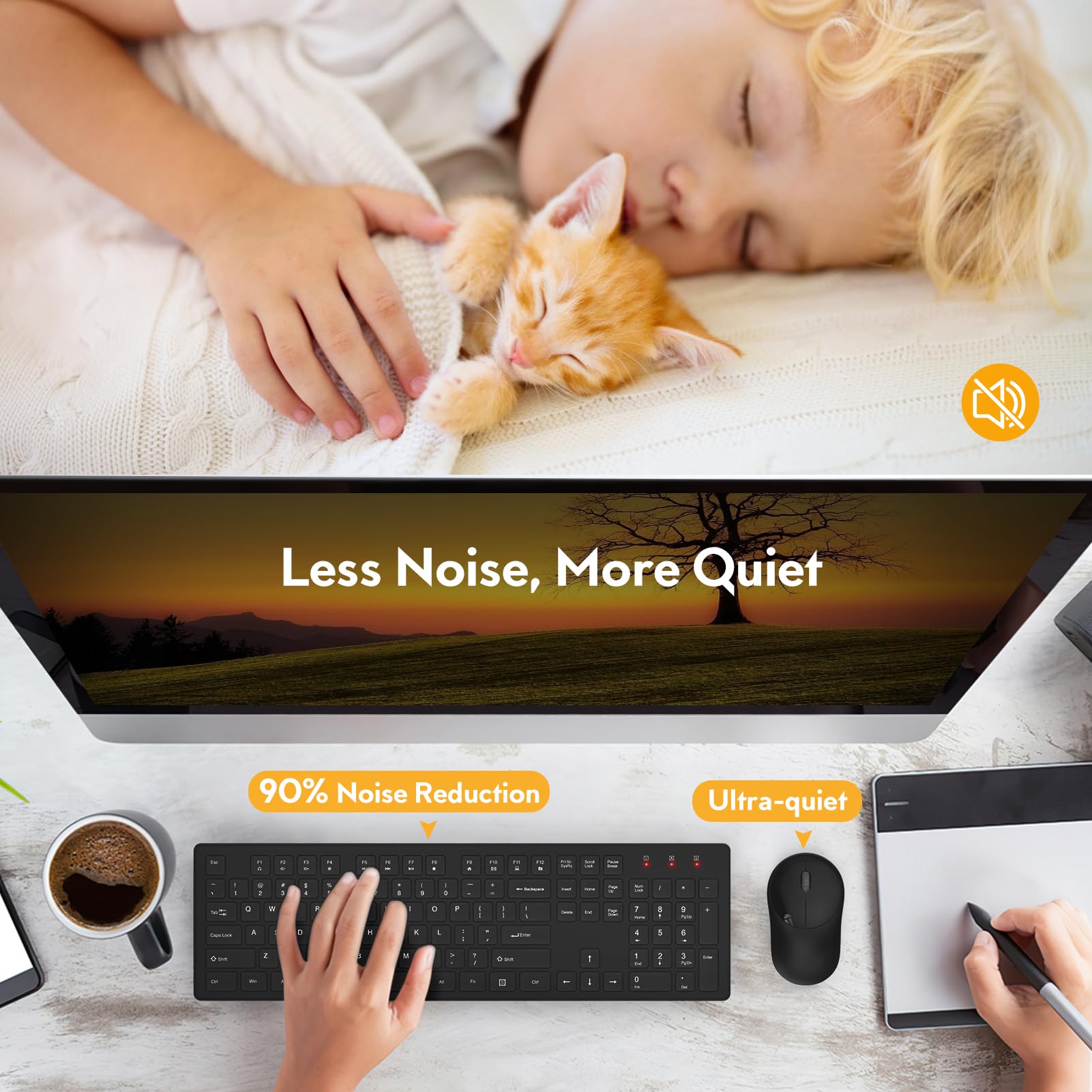 Wireless Keyboard And Mouse, Trueque Silent 2.4Ghz Cordless Full Size Usb Mouse Combo, Long Battery Life, Lag Free (2 Pack Black