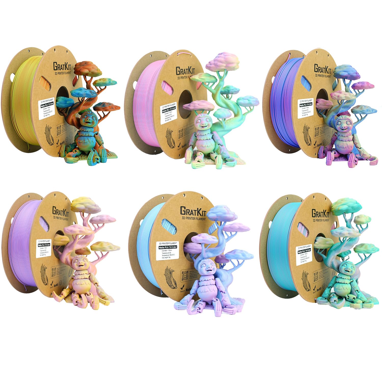 Gratkit Matte Tri-Color PLA Filament,Coextrusion Filament 1.75mm, +/-0.03mm, 6 * 1KG/Roll, Matte PLA 6KG Bundle