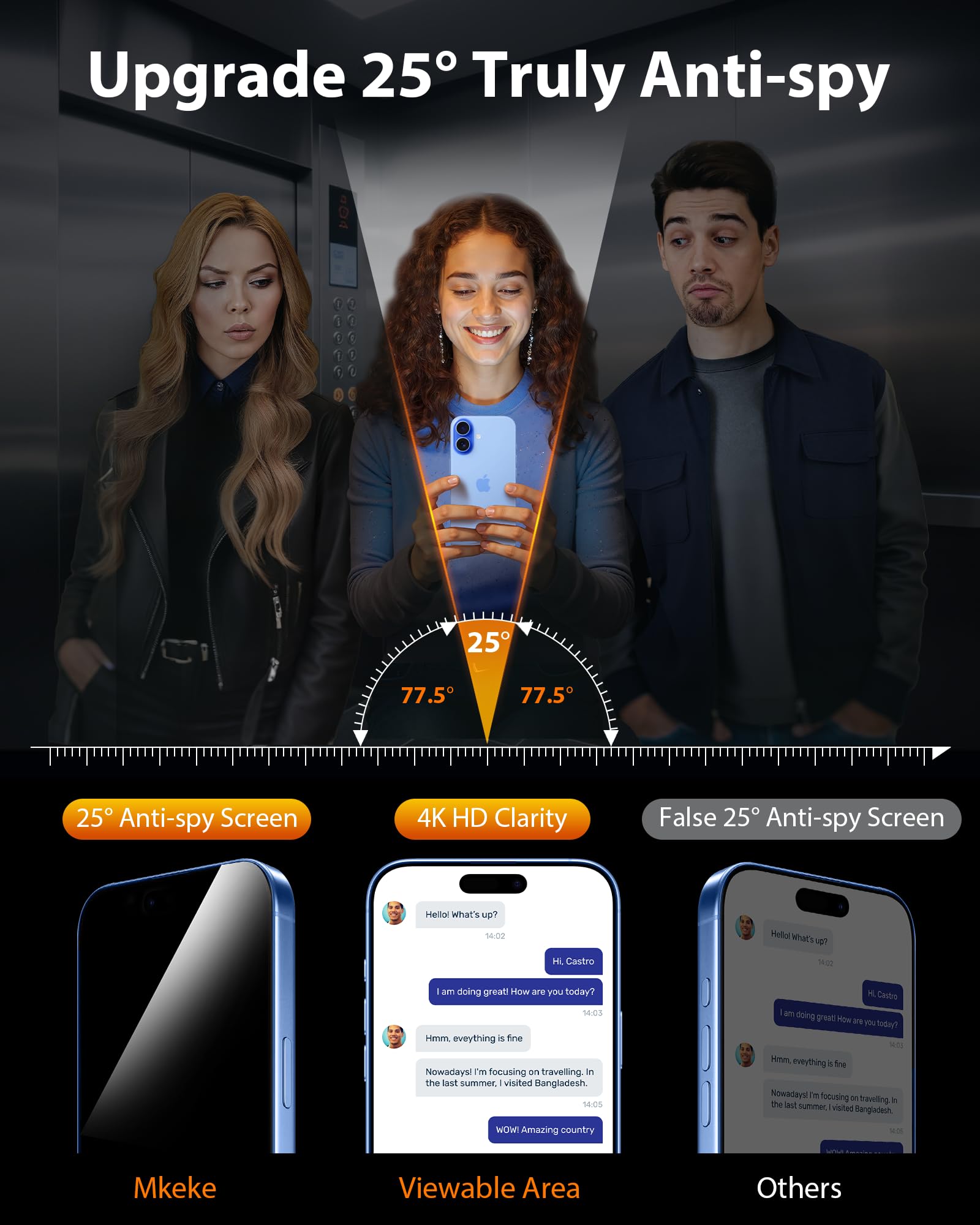 Mkeke For Iphone 17 Privacy Screen Protector 3 Pack, 25 Anti Spy & Auto Installation Privacy Screen Protector 9H+ Hardness Full