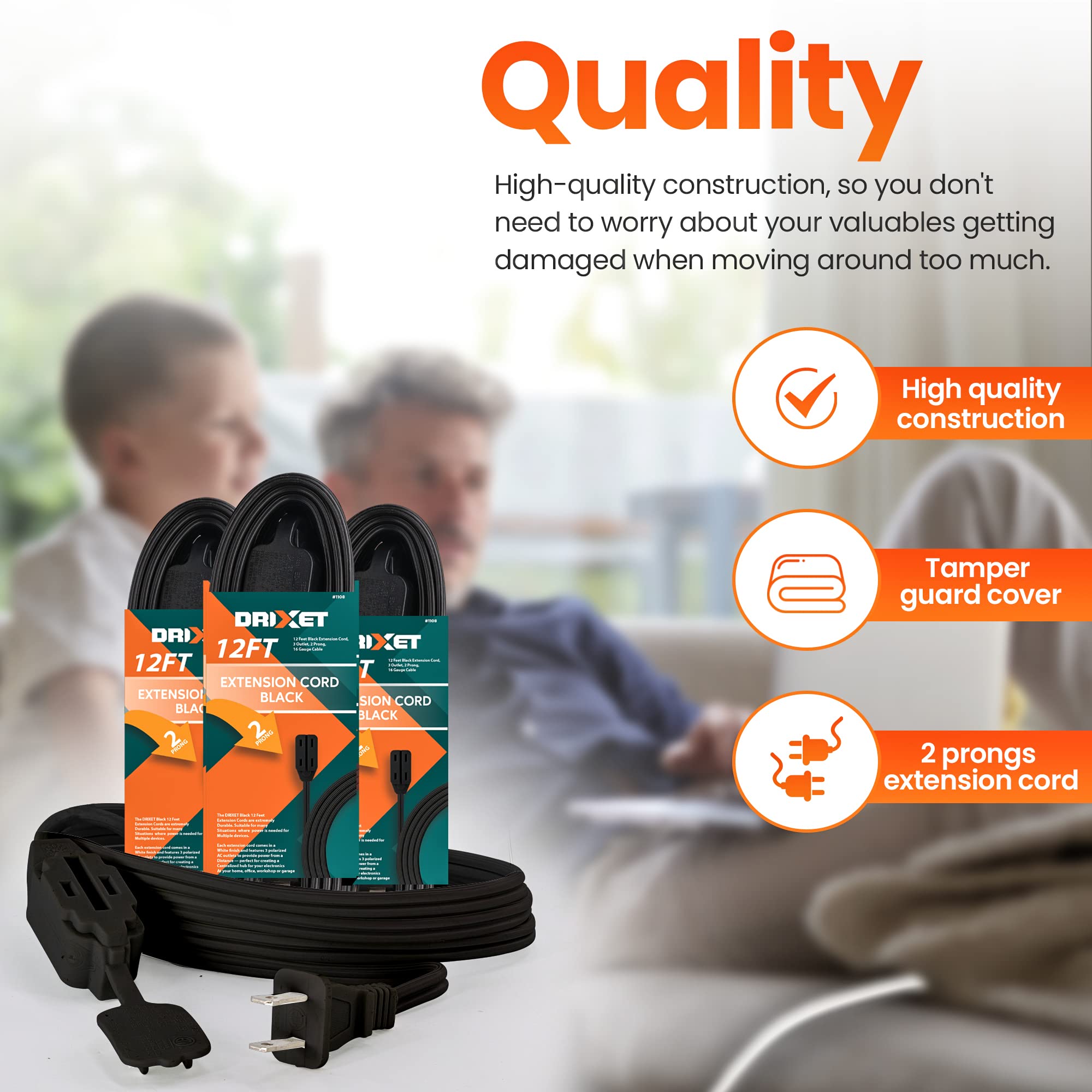 [Ul Listed] 12 Feet Black Extension Cord, 3 Outlet, 2 Prong, 16 Gauge Cable, 3 Receptacle Cube Tap, Indoor Use (Pack Of 2)   By