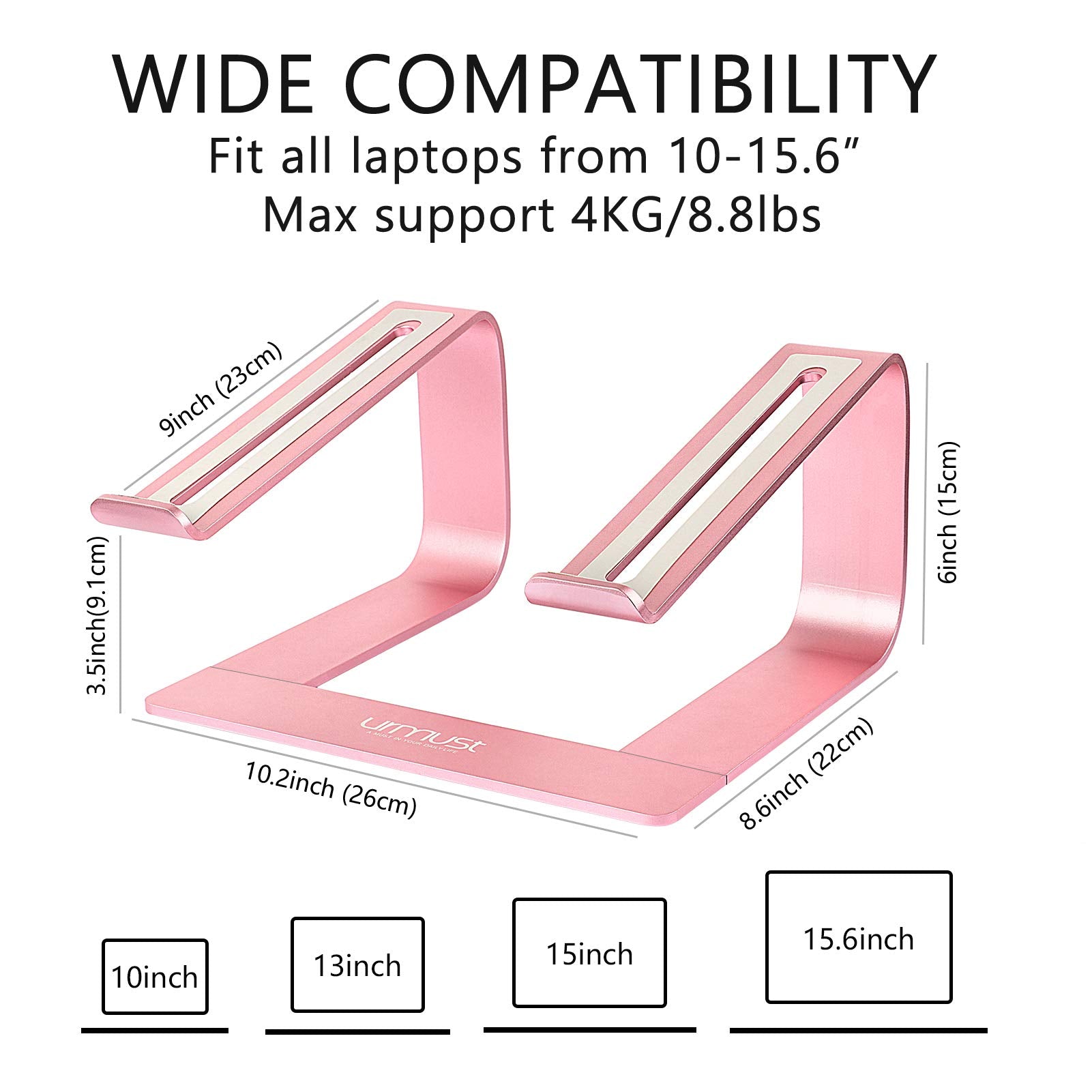Urmust Laptop Stand For Desk Aluminum Computer Stand For Laptop Riser Holder Notebook Stand Compatible With Macbook Air Pro, Dell, Hp, Lenovo Samsung, Alienware All Laptops 11 15.6'(Rose Gold)
