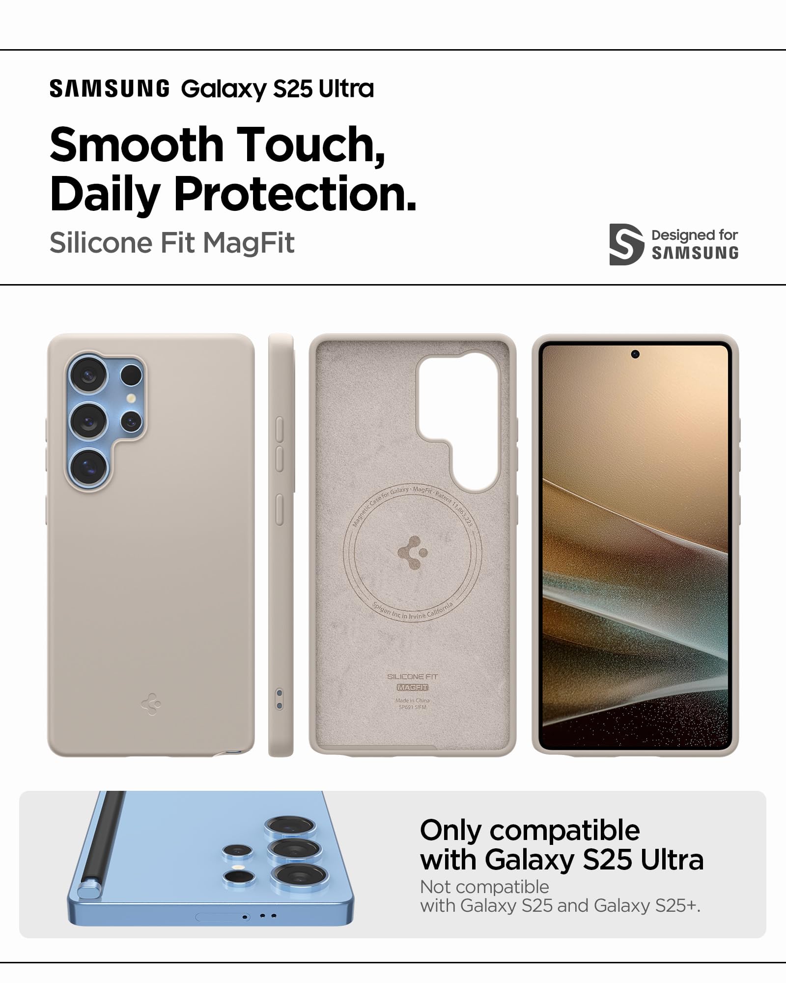 Spigen Silicone Fit Magfit Designed For Galaxy S25 Ultra Case [Qi2 Certified/Magnet For Galaxy] (2025) - Natural Titanium