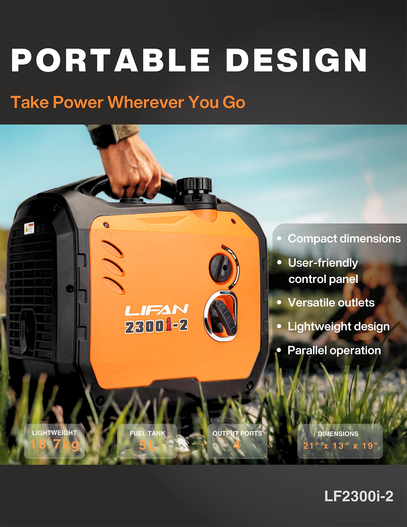 Lifan 2300W Gasoline Inverter Generator - Portable, Quiet & Fuel-Efficient Power Solution For Home, Camping, Rv & Emergency Use