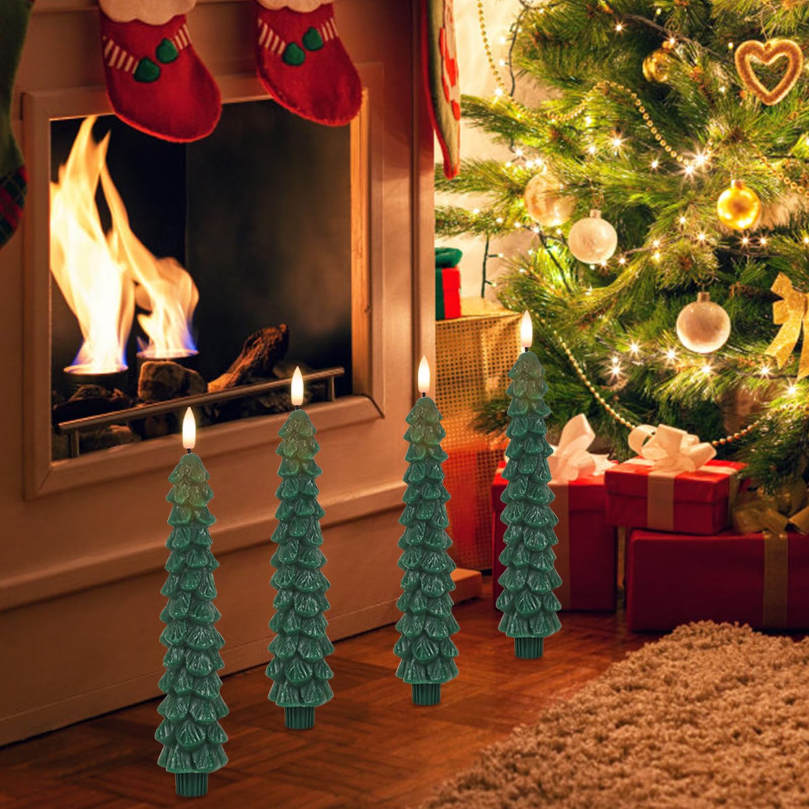 Genswin Christmas Tree Flameless Taper Candles With Remote Timer, Christmas Led Taper Candles With 3D Flame, 4 Pcs Green Led Can