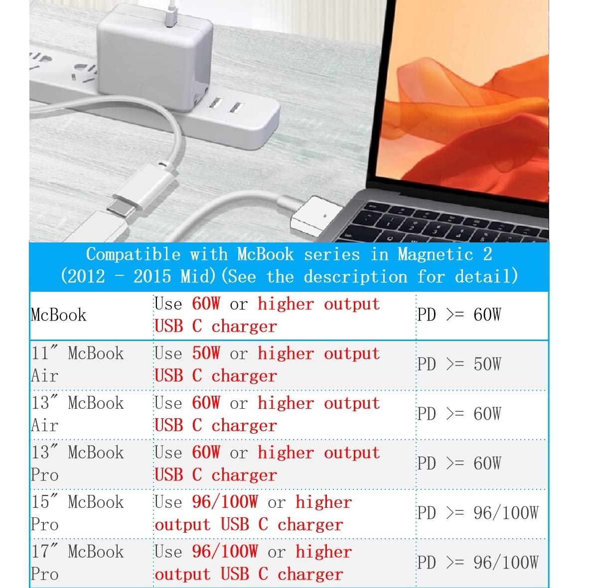 Tpenod USB-C to Magnetic 2 T-Tip Charging Cable Converter for MacBook Pro Air After Late 2012 White 10.6 inch
