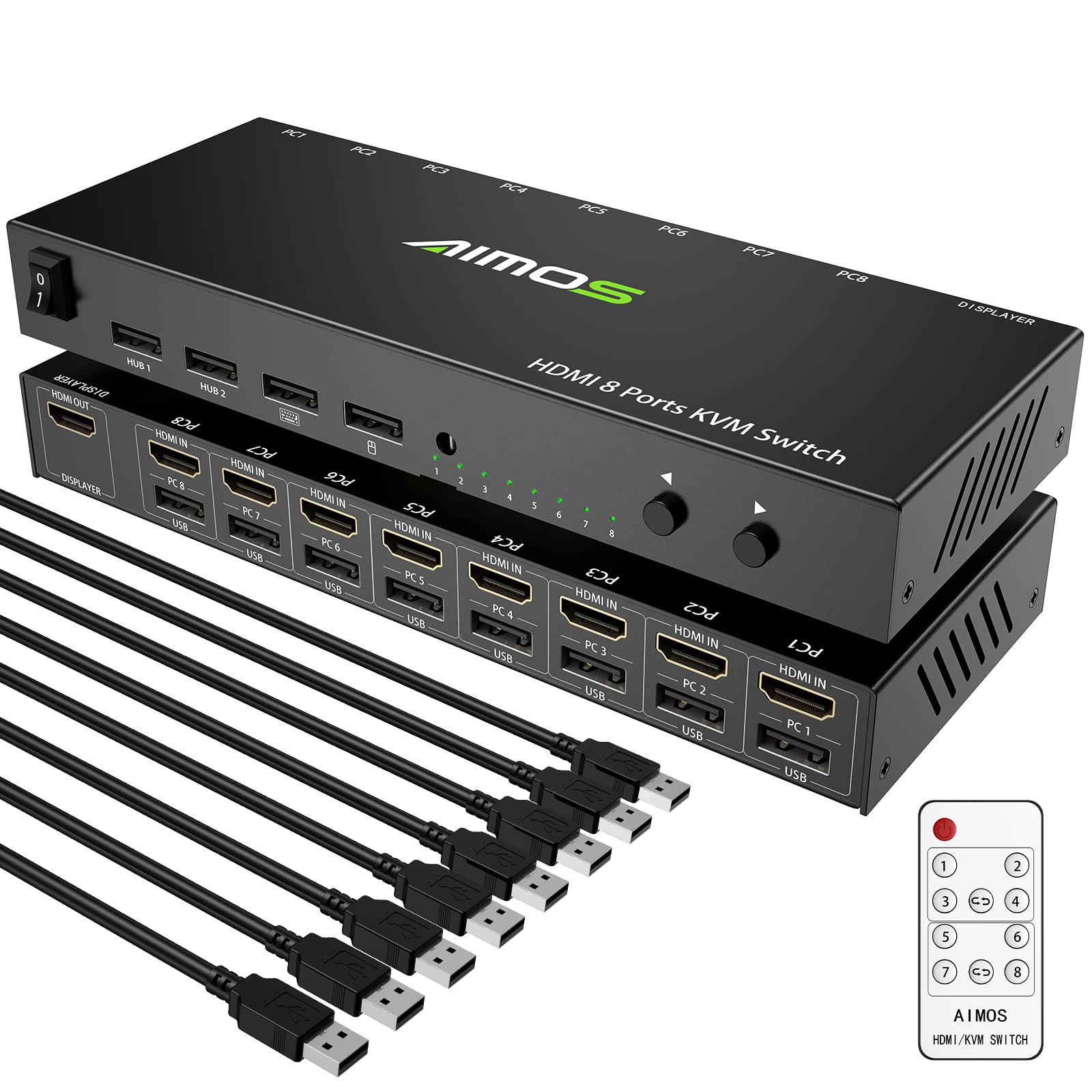 HDMI KVM Switch, 8 in 1 Out USB 2.0 HDMI KVM Switcher Box Support 4K@30Hz for 8 PC Share Keyboard and Mouse, Compatible with Win