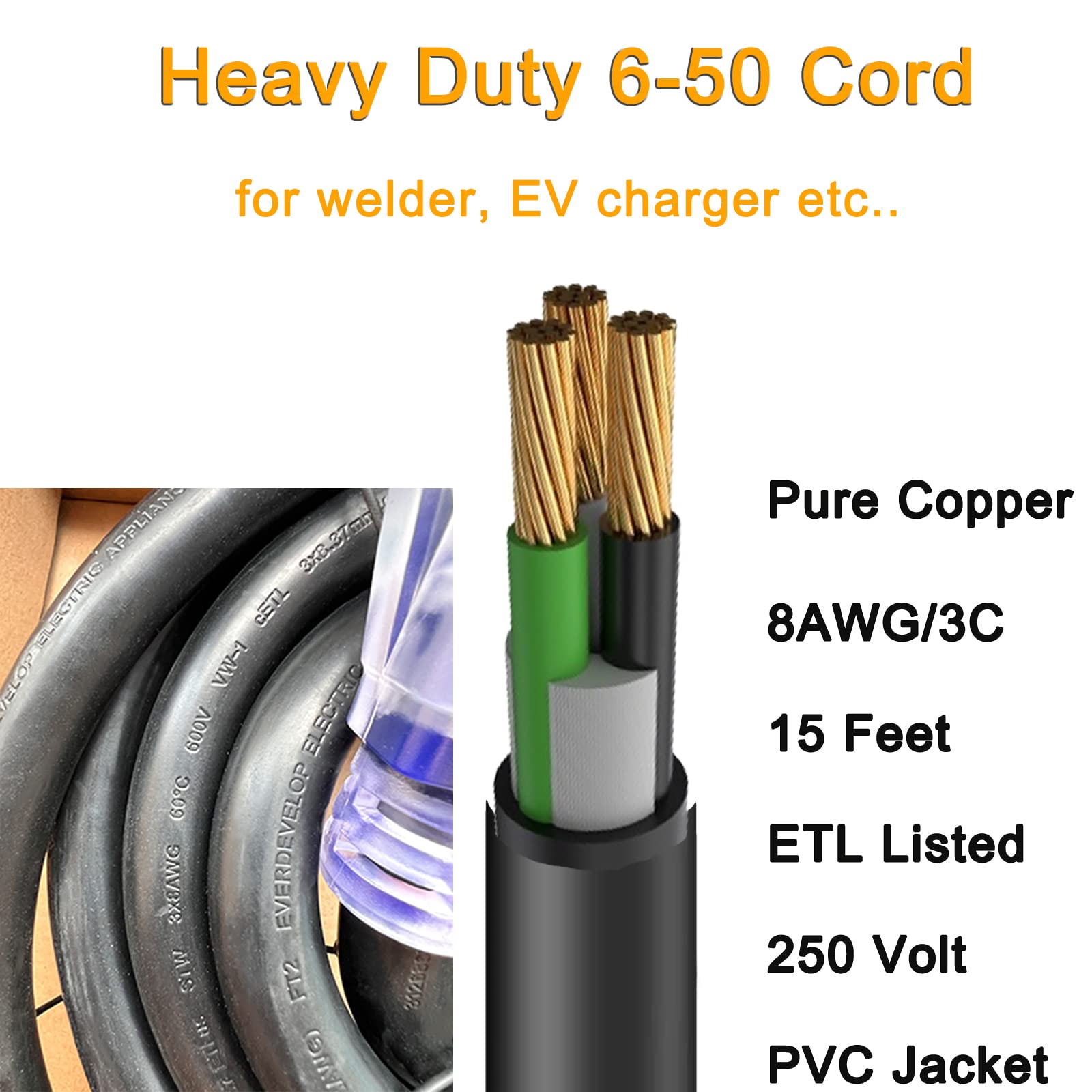 Suplevel 250 Volt Welder Extension Cord 15 Feet, Nema 6 50 Stw 8Awg/3C Heavy Duty Industrial Welder Cord With Lighted End, For H