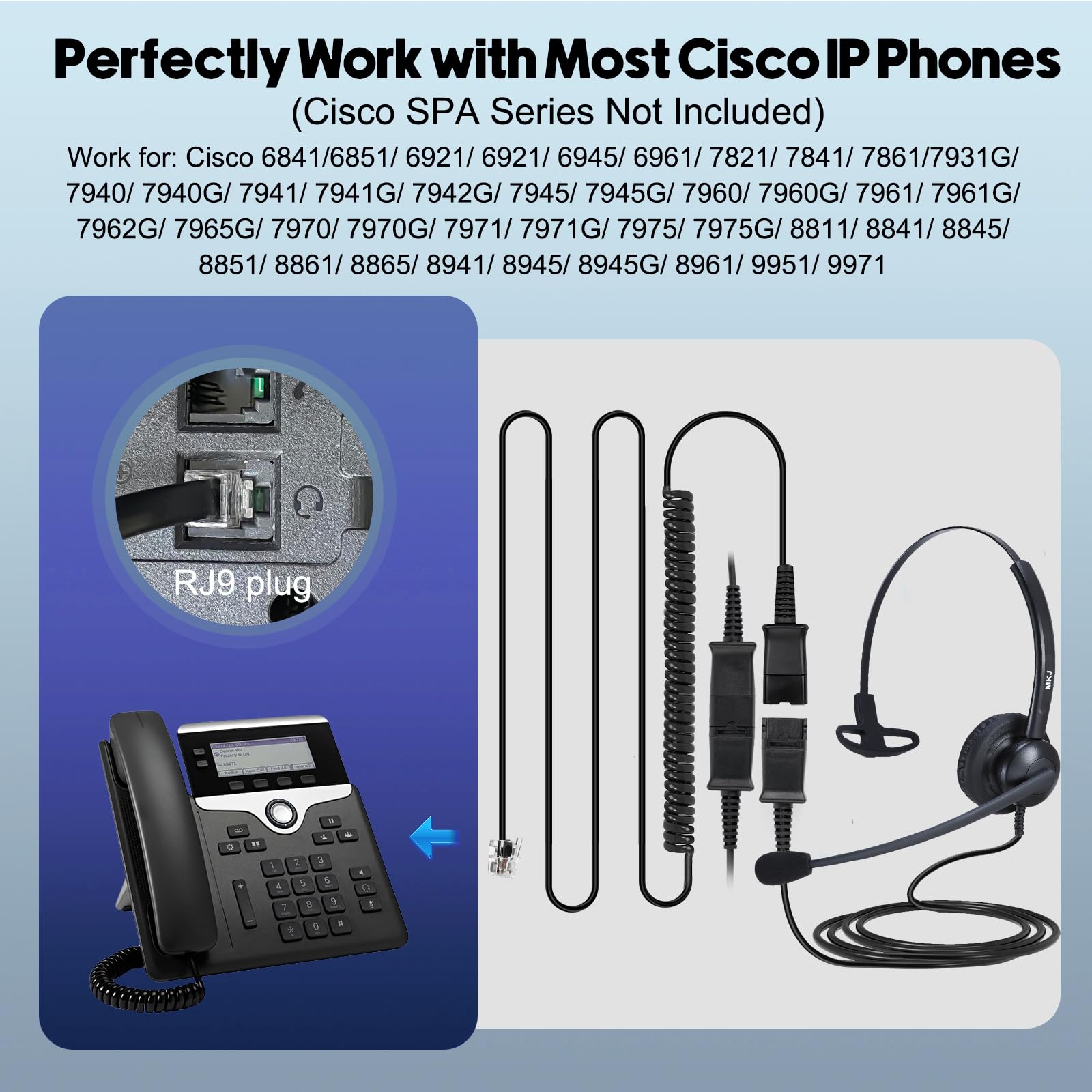 Mkj Telephone Headset For Cisco Phones, Wired Headphones With Microphone Noise Cancelling, Corded Rj9 Office Headset For Cisco C
