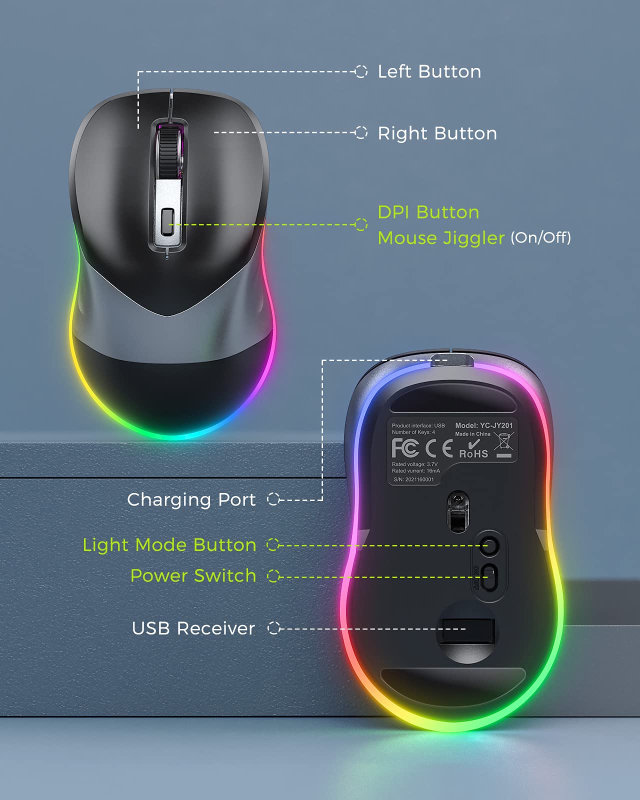 Peious Wireless Mouse, Jiggler Mouse For Laptop   Led Mouse Rechargeable Computer Mice Mouse Mover Undetectable Random Movement