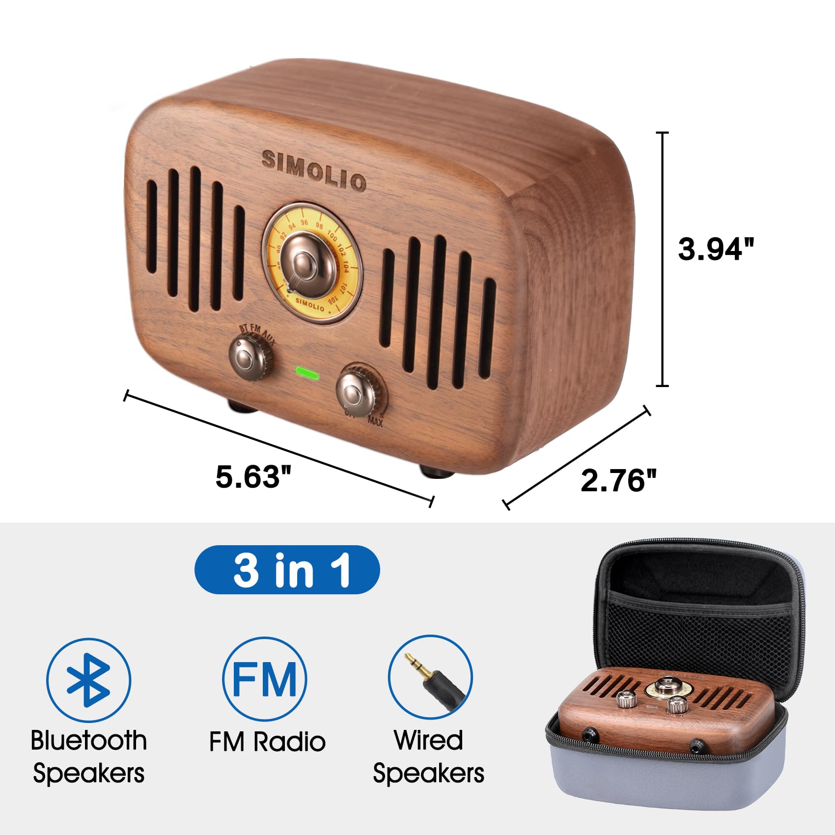 Simolio Vintage Radio Retro Bluetooth Speakers, Loud And Powerful 2X8W Ultimate Stereo Sound, Nature Black Walnut Wooden Speaker