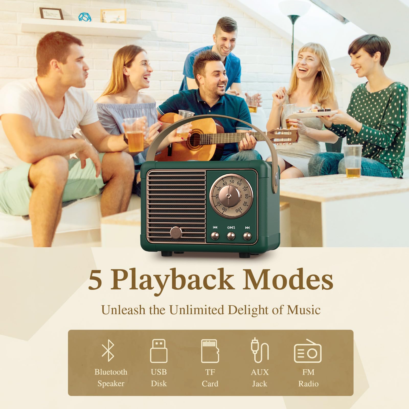 Prunus J 999 Retro Bluetooth Speaker,Vintage Decor,Mini Wireless Bluetooth Speaker,Cute Old Fashion Style Support Usb/Tf Card/Aux For Kitchen Desk Bedroom Office Party Outdoor(Green)